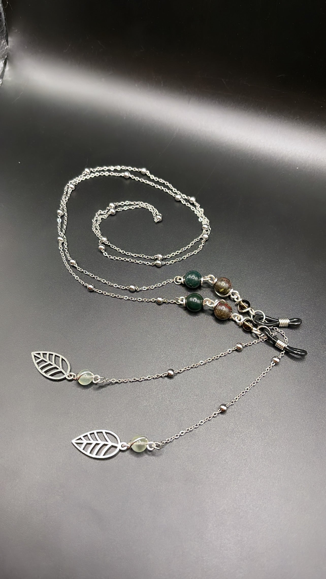 ✨ Elegant Silver Crystal Eyewear Chain with Leaf Charm; Smoky Quartz, Bloodstone, Fancy Jasper and Prehnite✨