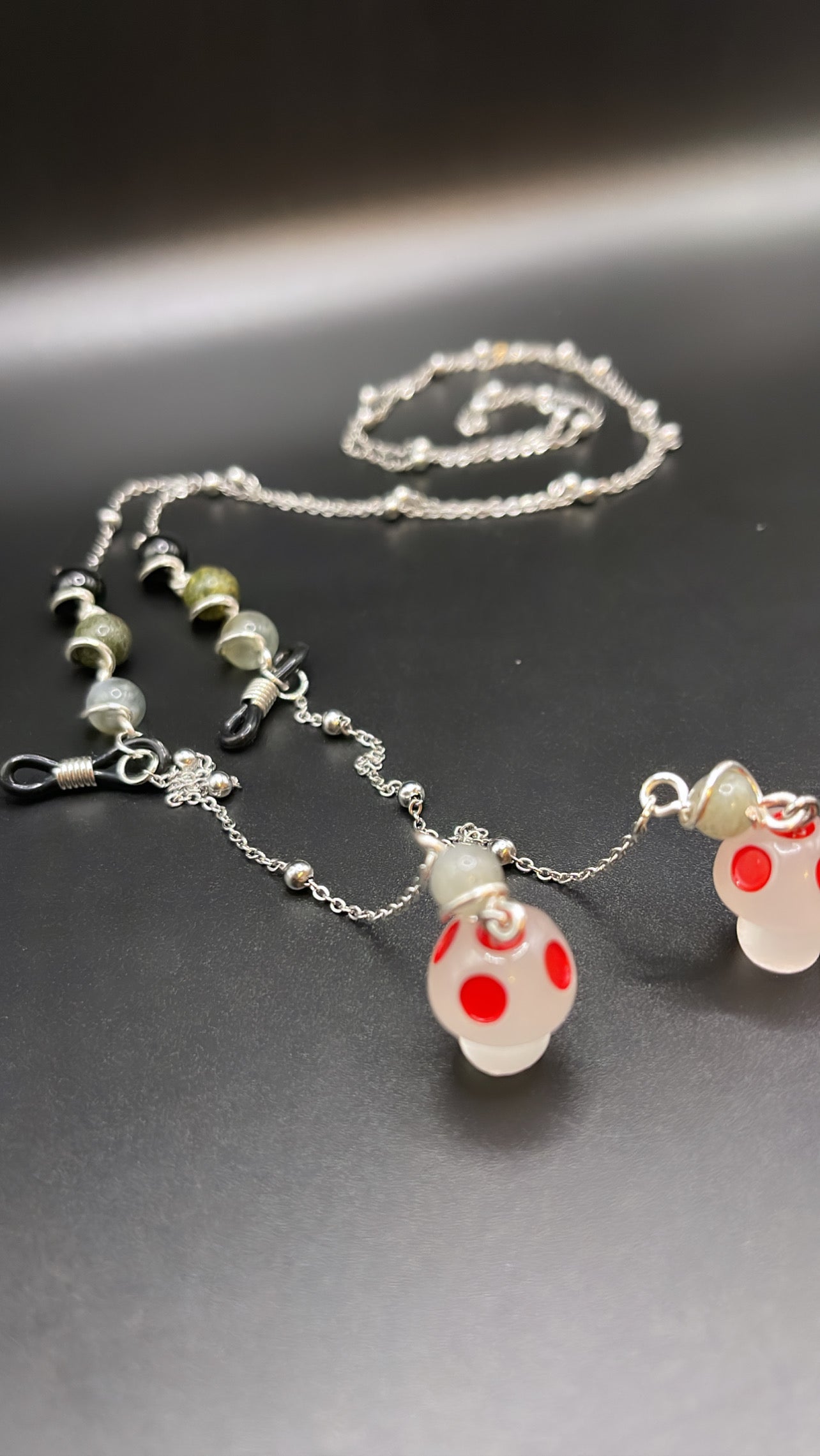 ✨ Elegant Silver Crystal Eyewear Chain with Glow-in-the-dark Red Mushroom Charm; Morganite, Obsidian, Bloodstone and Labradorite✨