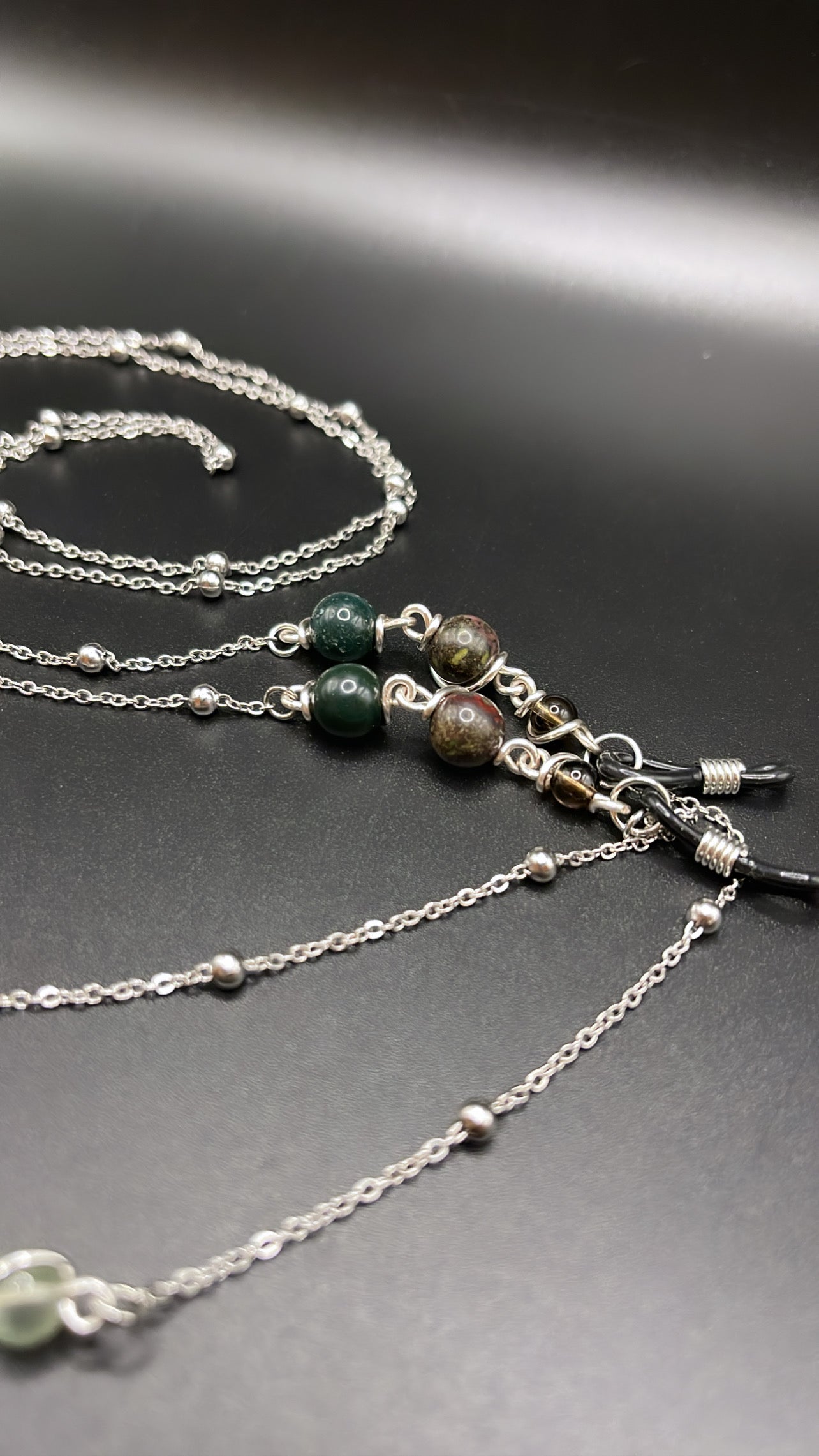 ✨ Elegant Silver Crystal Eyewear Chain with Leaf Charm; Smoky Quartz, Bloodstone, Fancy Jasper and Prehnite✨
