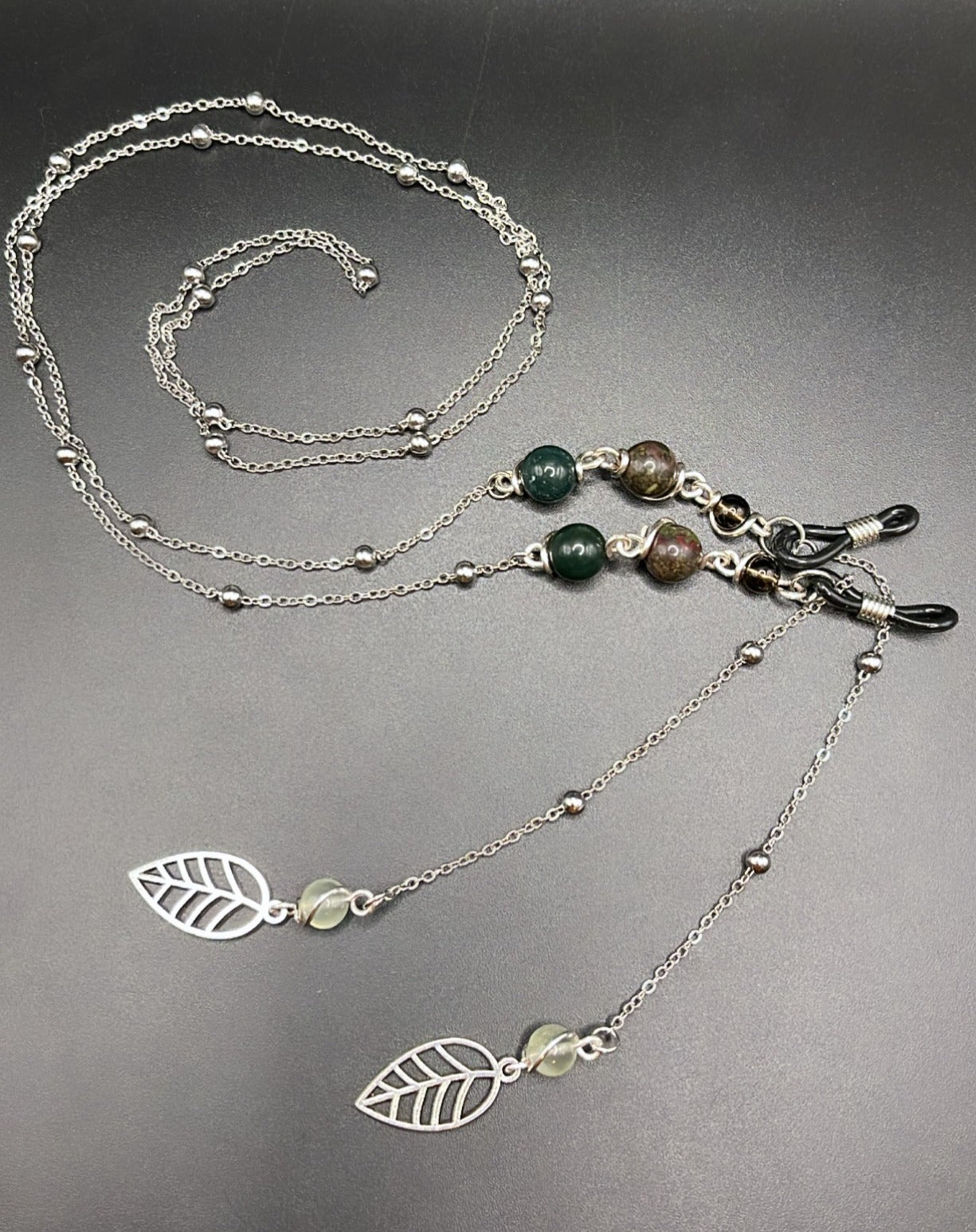 ✨ Elegant Silver Crystal Eyewear Chain with Leaf Charm; Smoky Quartz, Bloodstone, Fancy Jasper and Prehnite✨