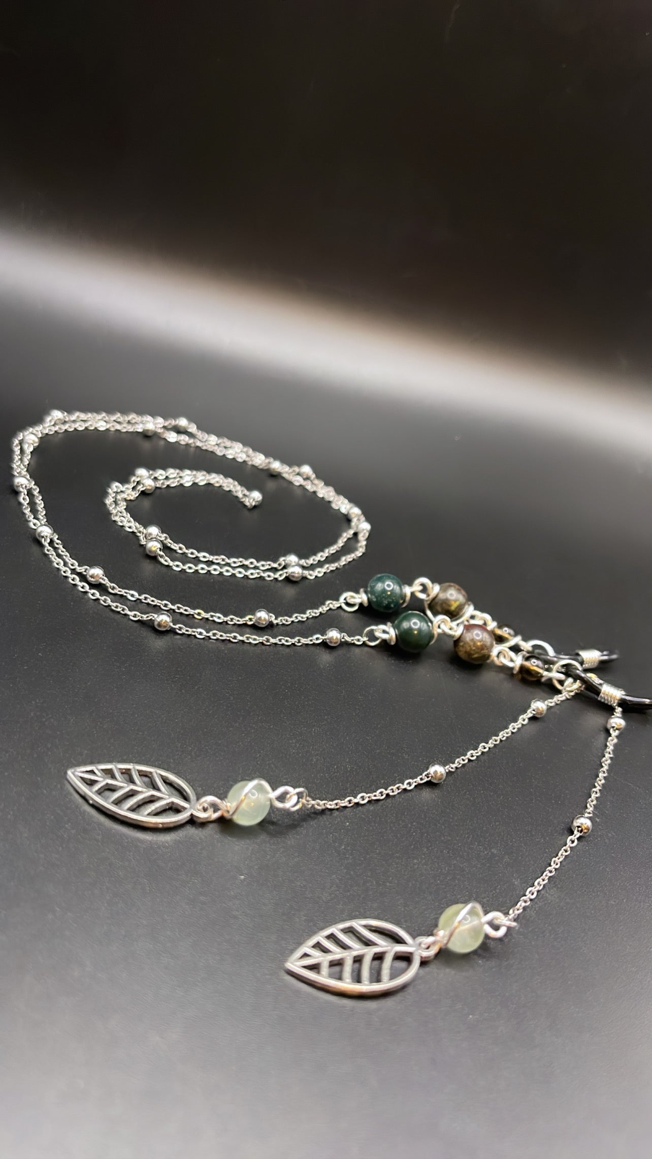 ✨ Elegant Silver Crystal Eyewear Chain with Leaf Charm; Smoky Quartz, Bloodstone, Fancy Jasper and Prehnite✨
