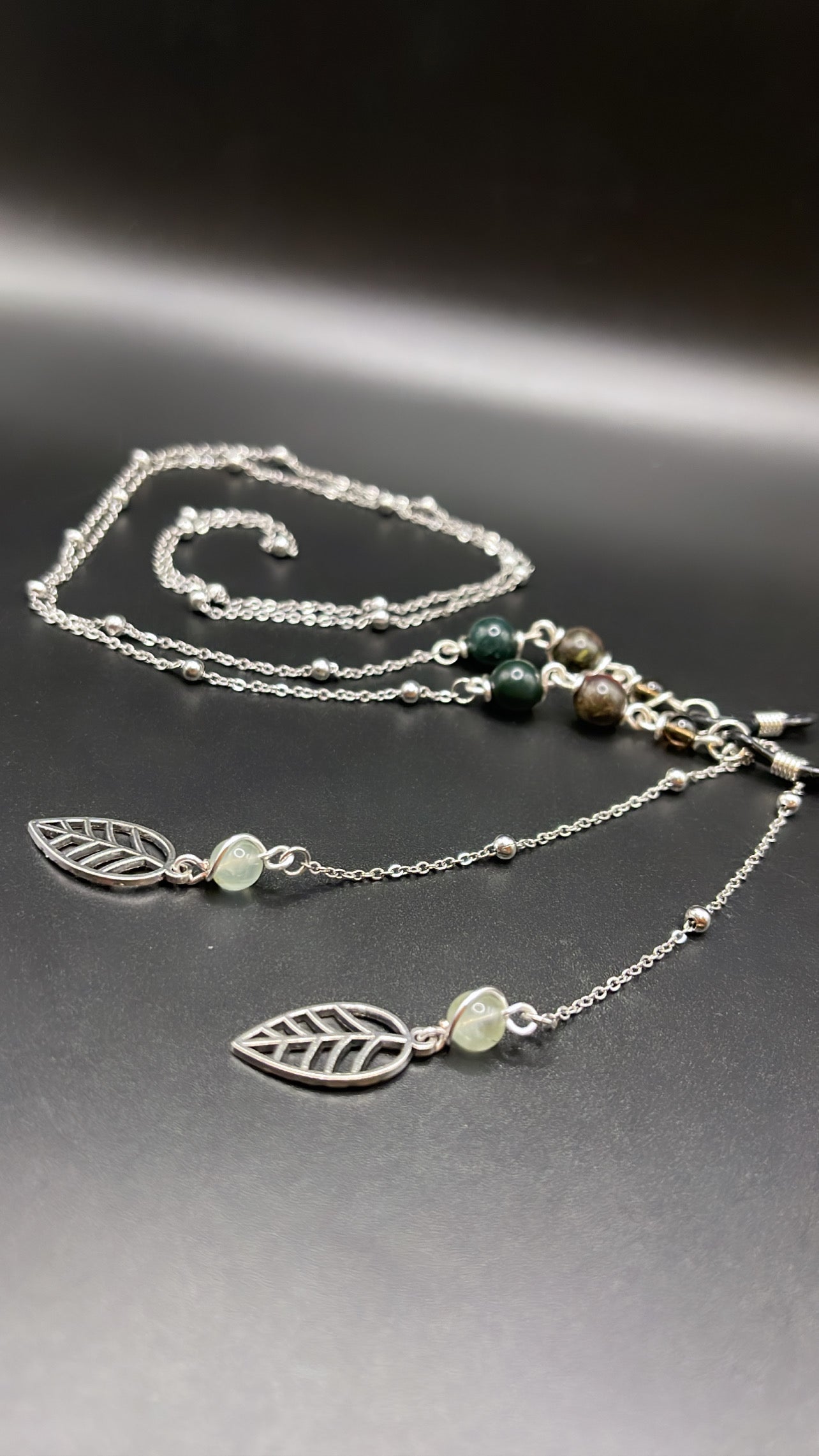 ✨ Elegant Silver Crystal Eyewear Chain with Leaf Charm; Smoky Quartz, Bloodstone, Fancy Jasper and Prehnite✨