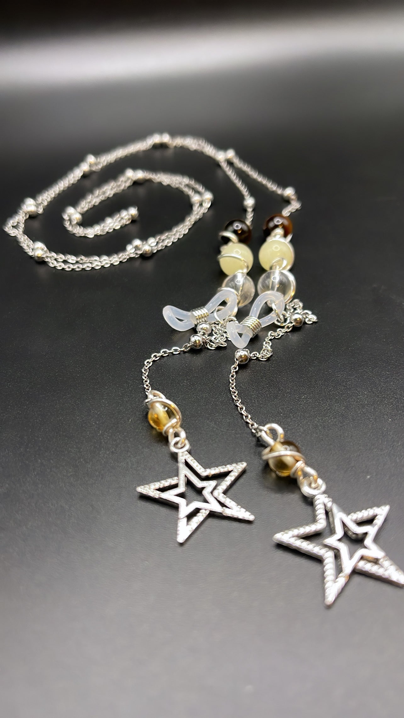 ✨ Elegant Silver Crystal Eyewear Chain with Stars Charm; Clear Quartz, Morganite, Tigers Eye and Citrine✨