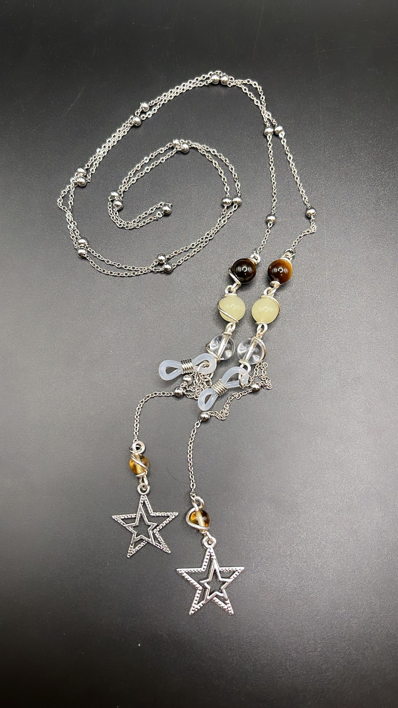 ✨ Elegant Silver Crystal Eyewear Chain with Stars Charm; Clear Quartz, Morganite, Tigers Eye and Citrine✨