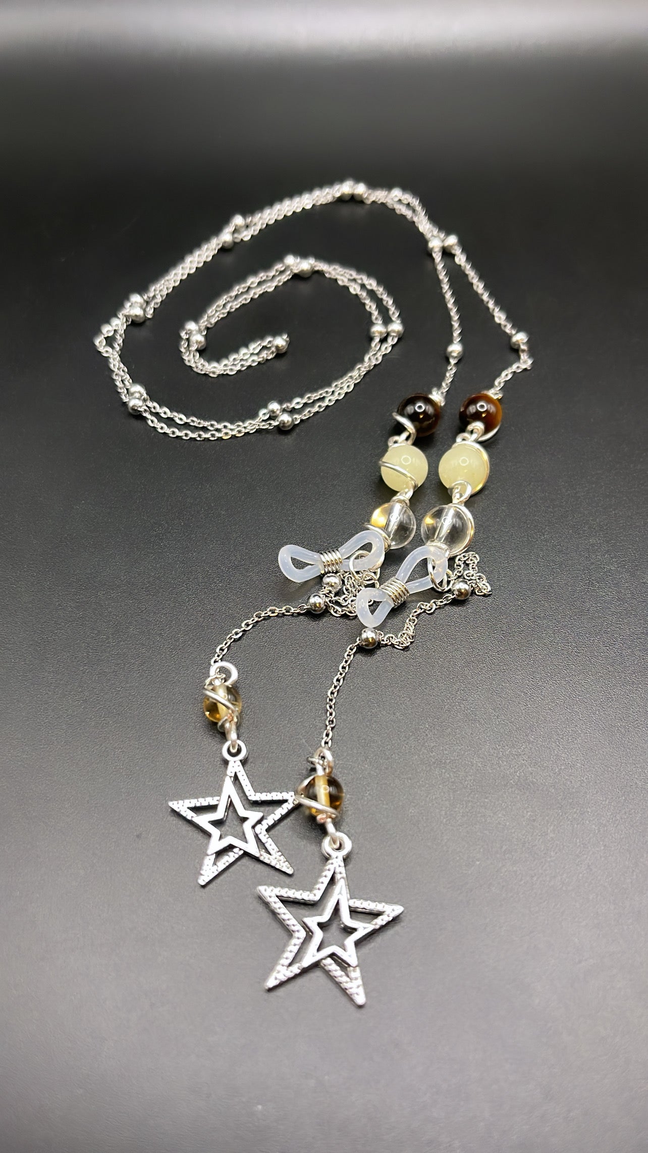 ✨ Elegant Silver Crystal Eyewear Chain with Stars Charm; Clear Quartz, Morganite, Tigers Eye and Citrine✨
