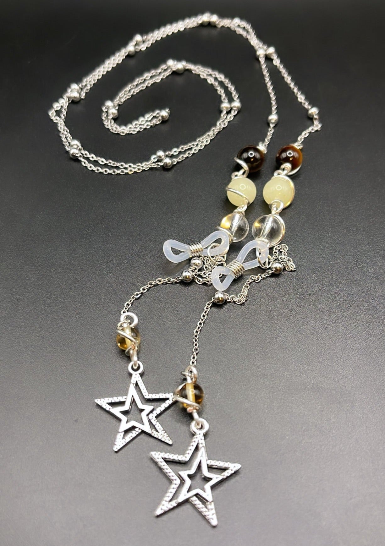 ✨ Elegant Silver Crystal Eyewear Chain with Stars Charm; Clear Quartz, Morganite, Tigers Eye and Citrine✨