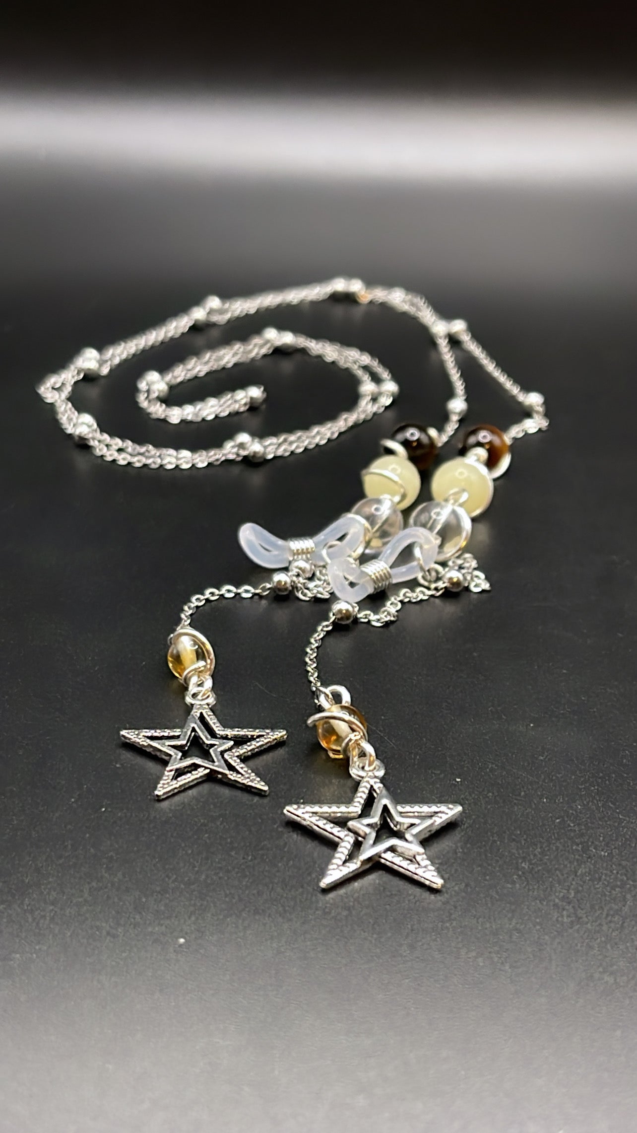 ✨ Elegant Silver Crystal Eyewear Chain with Stars Charm; Clear Quartz, Morganite, Tigers Eye and Citrine✨