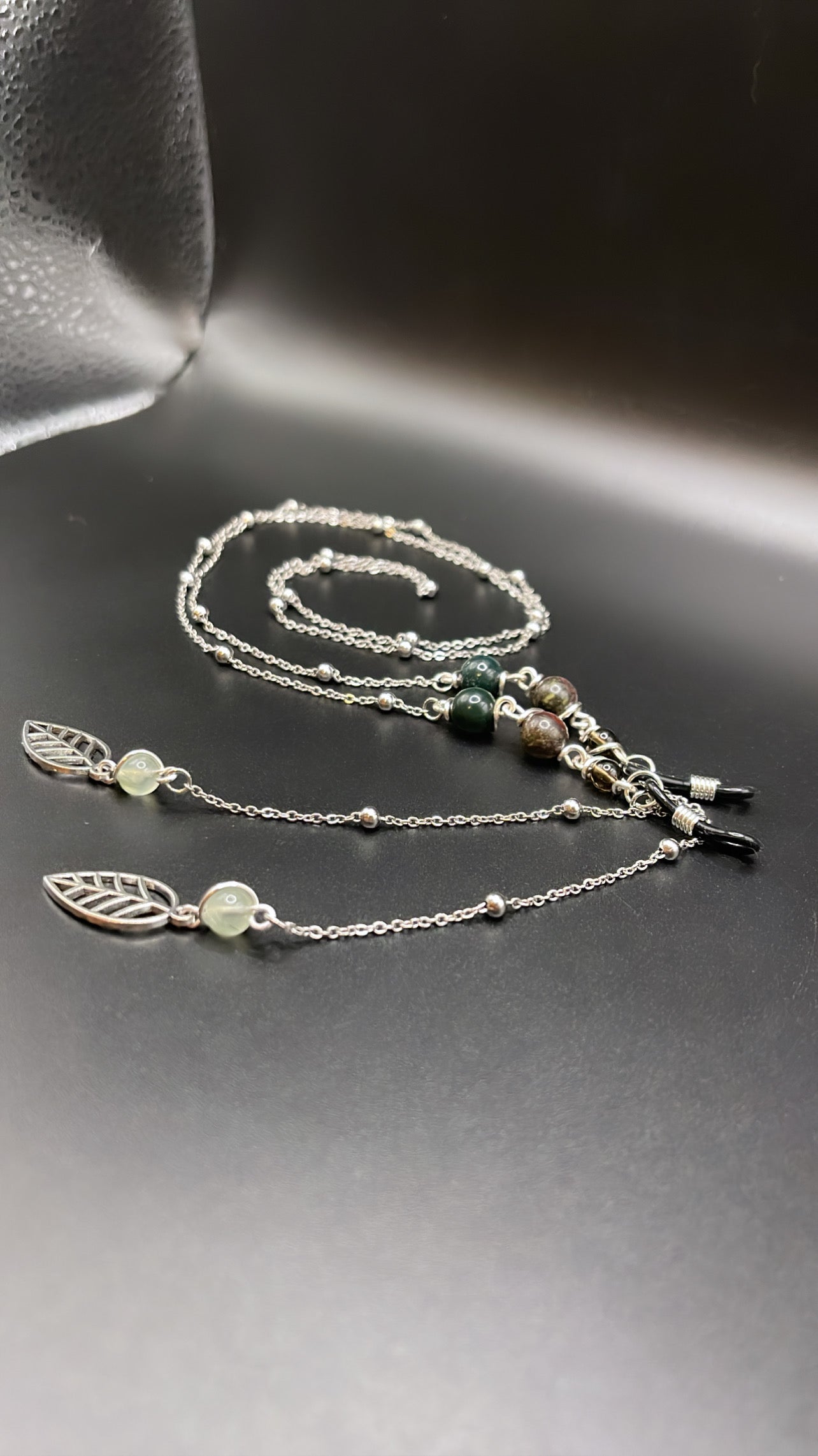 ✨ Elegant Silver Crystal Eyewear Chain with Leaf Charm; Smoky Quartz, Bloodstone, Fancy Jasper and Prehnite✨