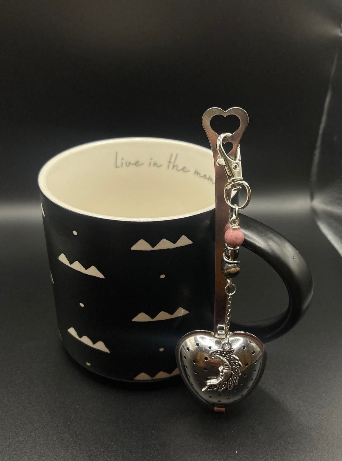 ✨ Radiant Sip: Stainless Steel Heart Teaspoon with Crystal Charm - Rhodonite and Smoky Quartz✨