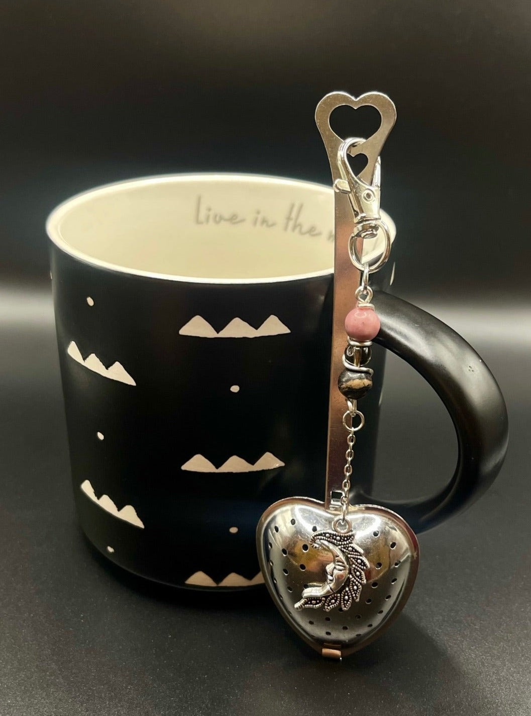 ✨ Radiant Sip: Stainless Steel Heart Teaspoon with Crystal Charm - Rhodonite and Smoky Quartz✨
