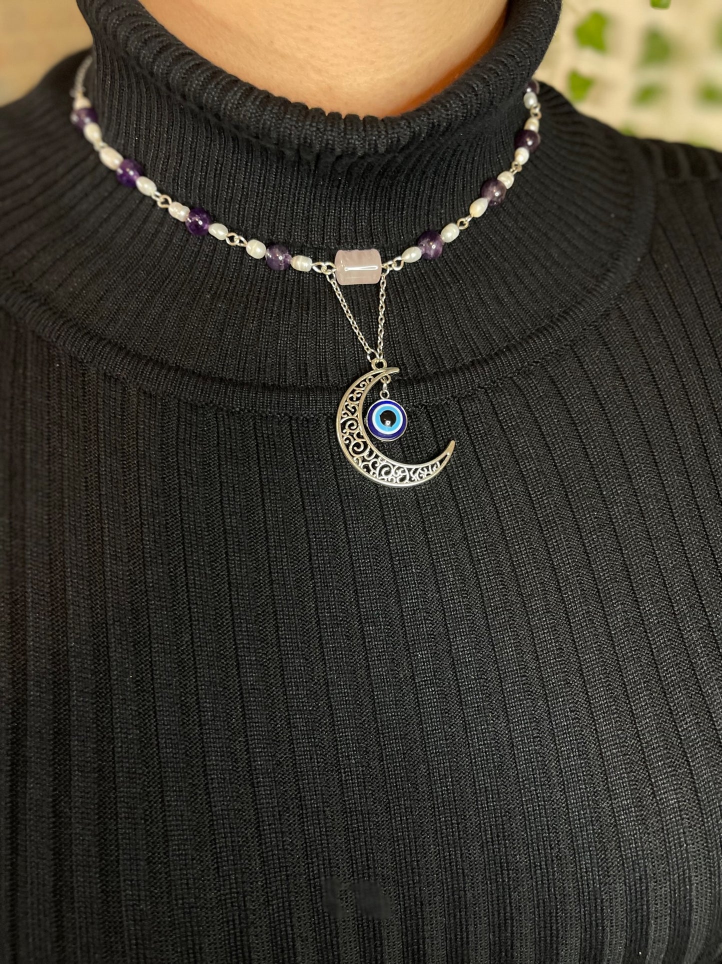 ✨ Celestial Harmony: Amethyst, Rose Quartz, and Pearl Moon Necklace ✨