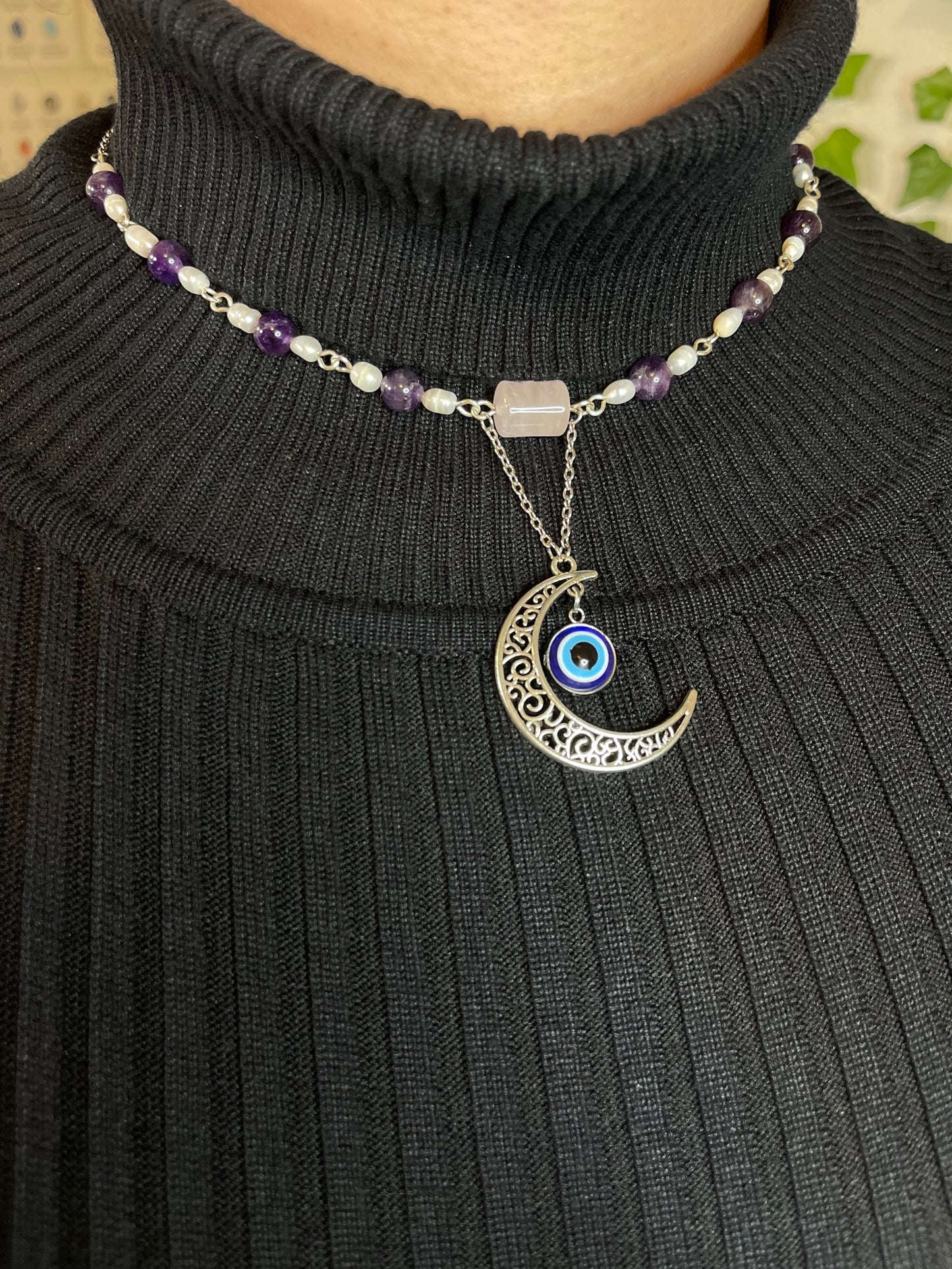 ✨ Celestial Harmony: Amethyst, Rose Quartz, and Pearl Moon Necklace ✨