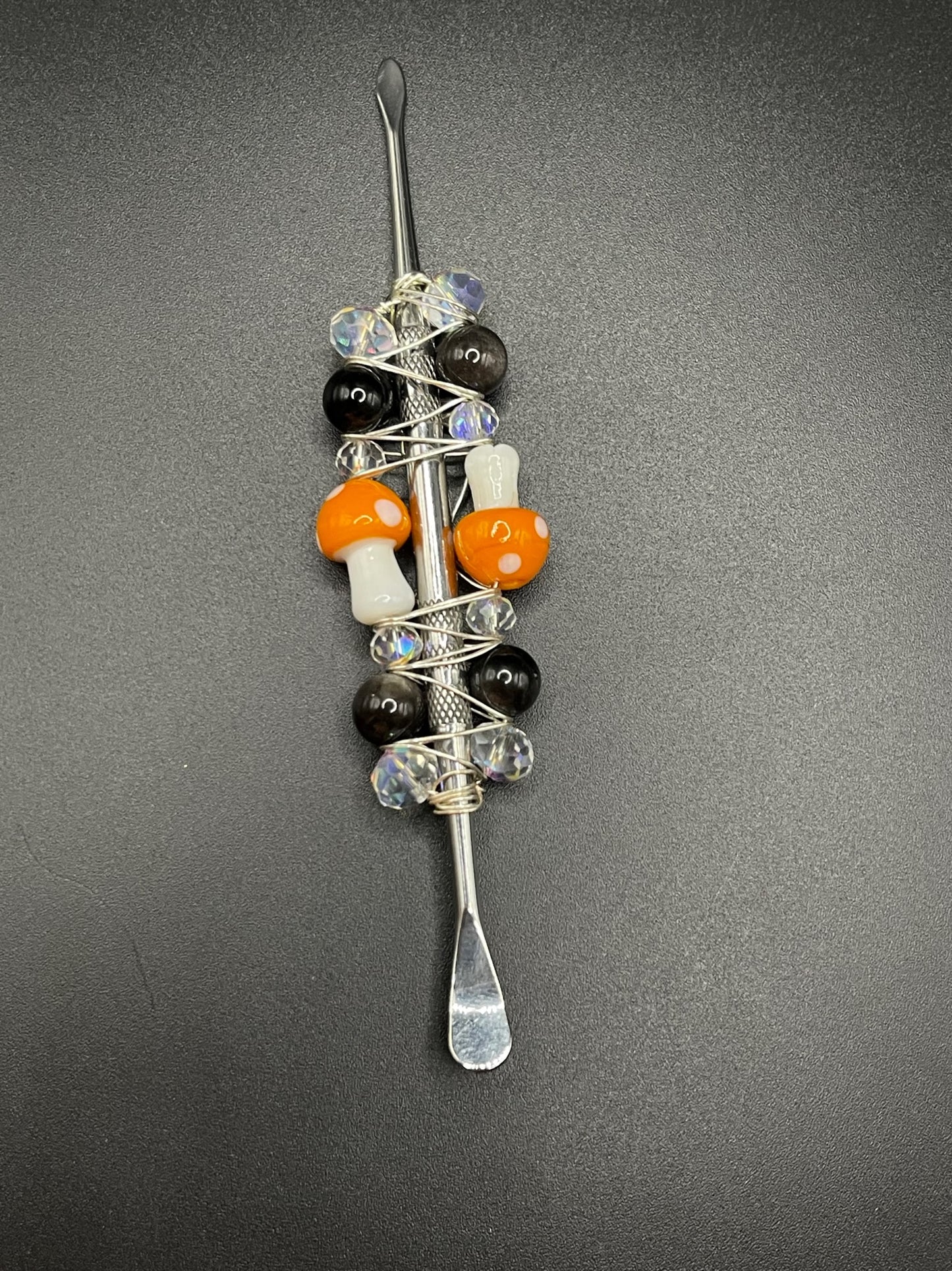 ✨ Dabbing Delight: Silver Sheen Obsidian Crystal Dab Tool with Orange Mushroom Accents ✨