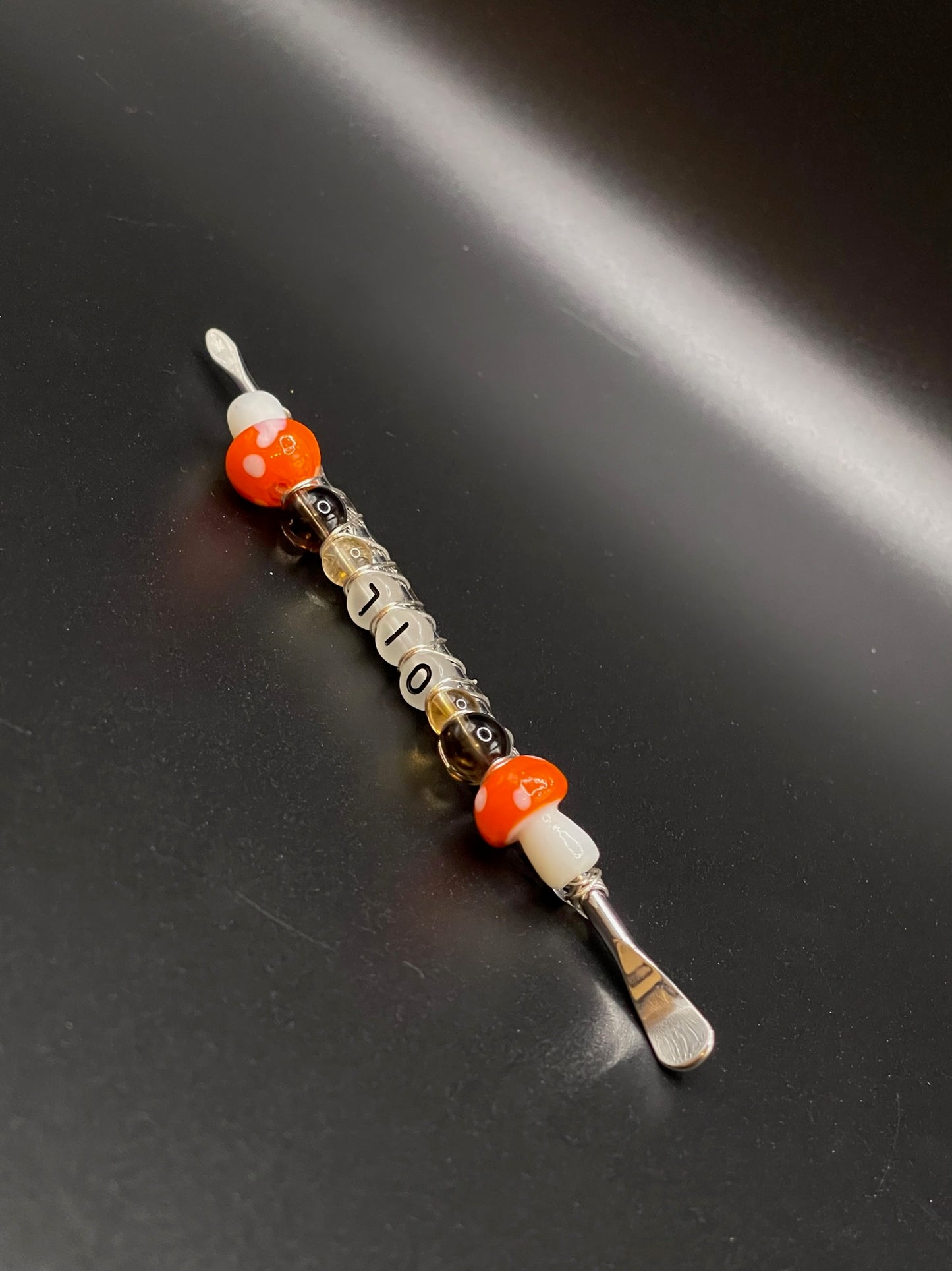 ✨ Radiant Illumination: Silver Sheen Obsidian Dab Tool with Orange Mushrooms and Glow-in-the-Dark Letters ✨
