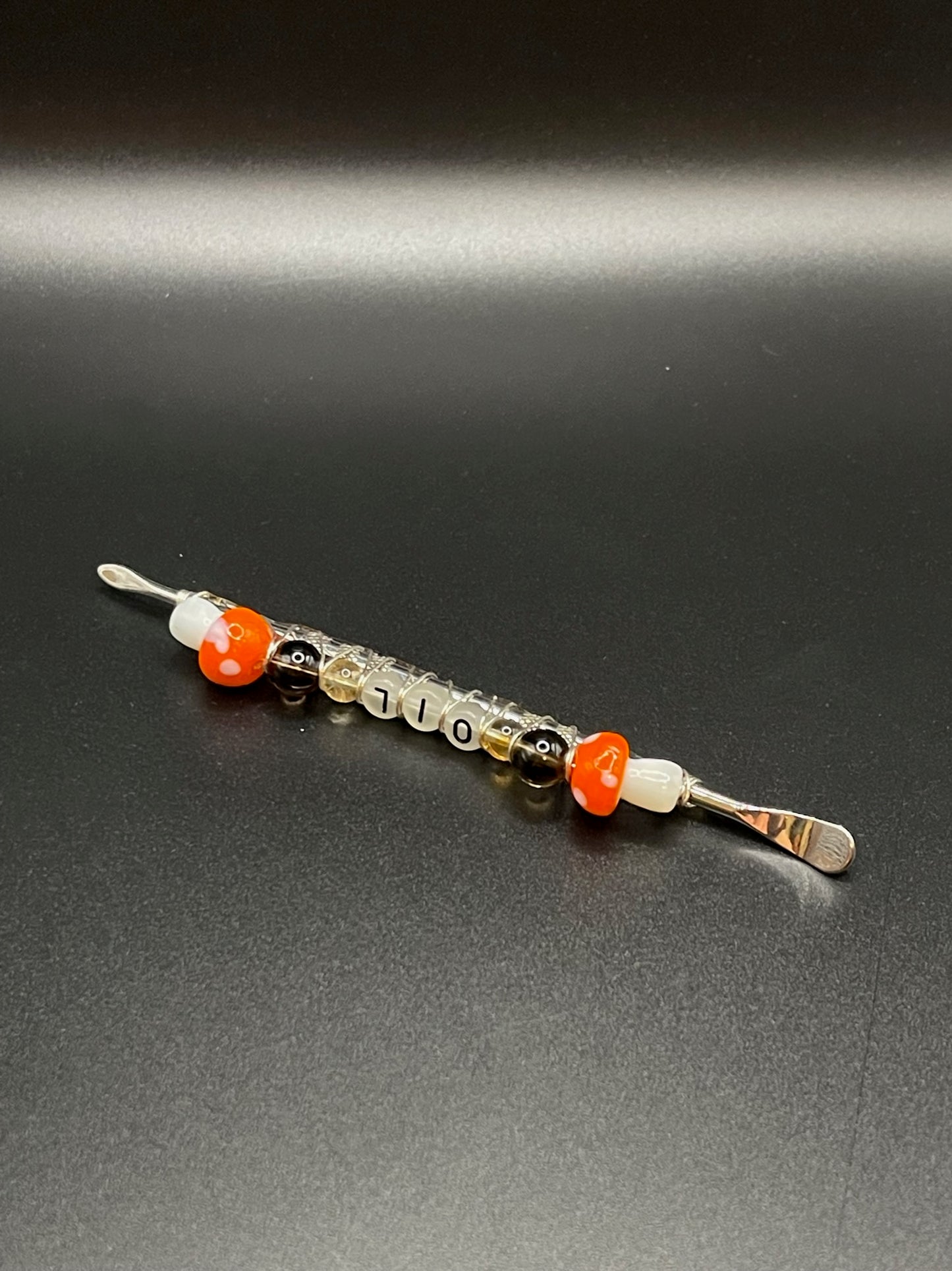 ✨ Radiant Illumination: Silver Sheen Obsidian Dab Tool with Orange Mushrooms and Glow-in-the-Dark Letters ✨