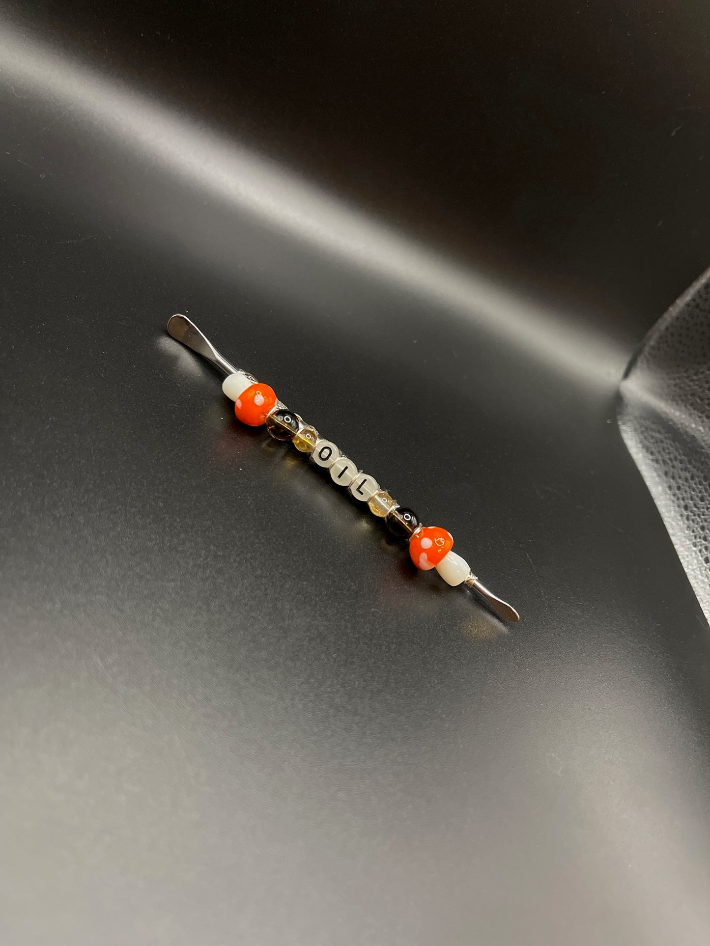 ✨ Radiant Illumination: Silver Sheen Obsidian Dab Tool with Orange Mushrooms and Glow-in-the-Dark Letters ✨