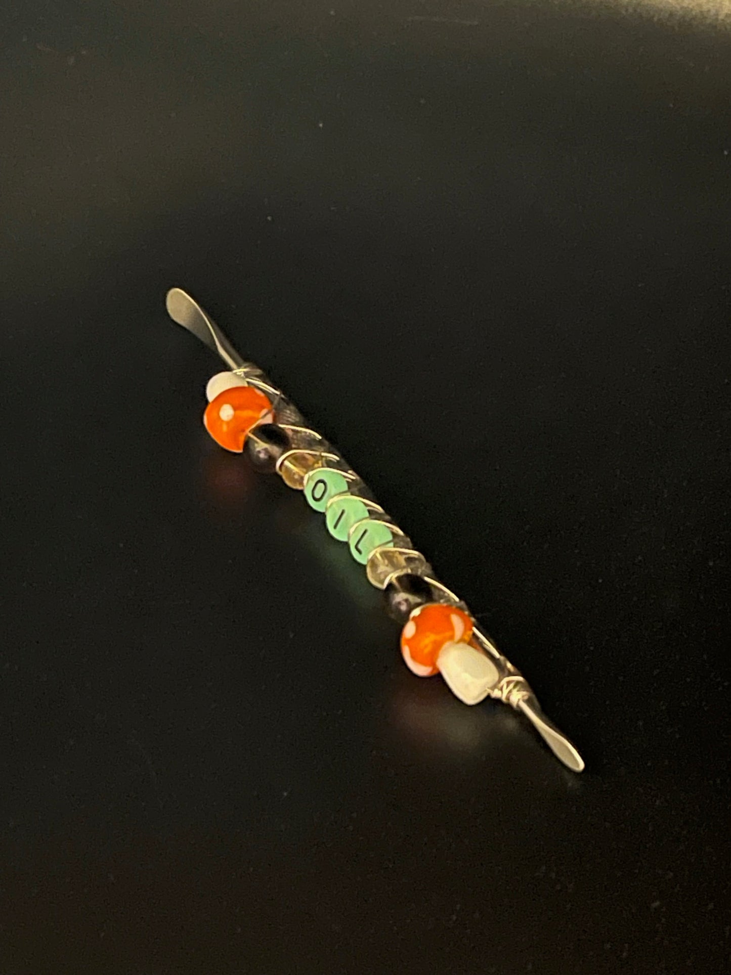 ✨ Radiant Illumination: Silver Sheen Obsidian Dab Tool with Orange Mushrooms and Glow-in-the-Dark Letters ✨