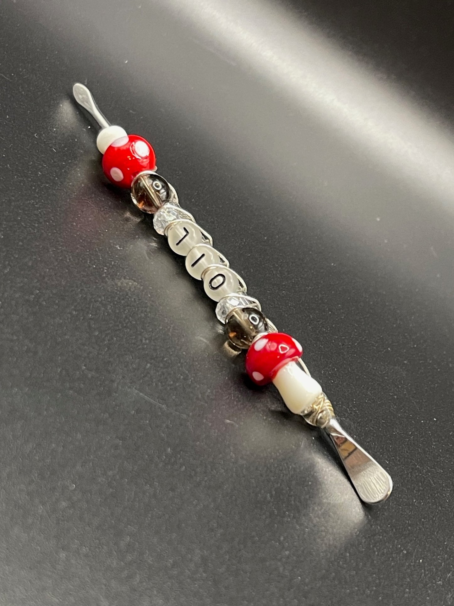 ✨ Luminous Dabbing Magic: Silver Sheen Obsidian Dab Tool with Red Mushrooms and Glow-in-the-Dark Letters ✨