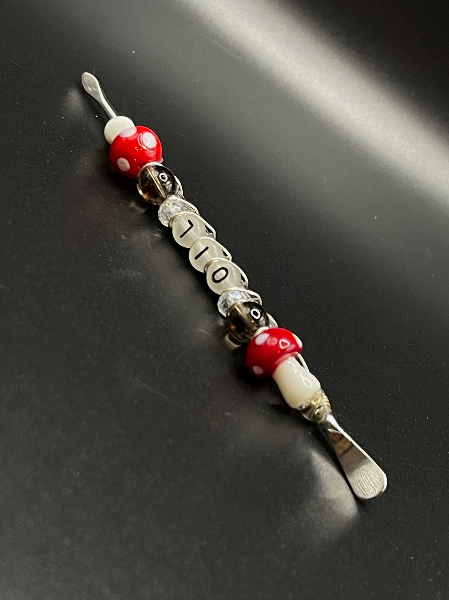 ✨ Luminous Dabbing Magic: Silver Sheen Obsidian Dab Tool with Red Mushrooms and Glow-in-the-Dark Letters ✨