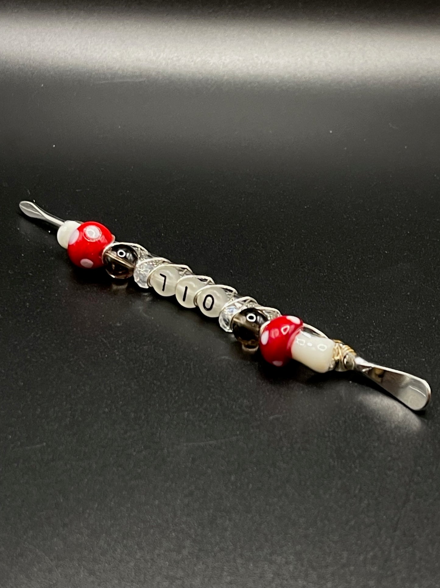 ✨ Luminous Dabbing Magic: Silver Sheen Obsidian Dab Tool with Red Mushrooms and Glow-in-the-Dark Letters ✨