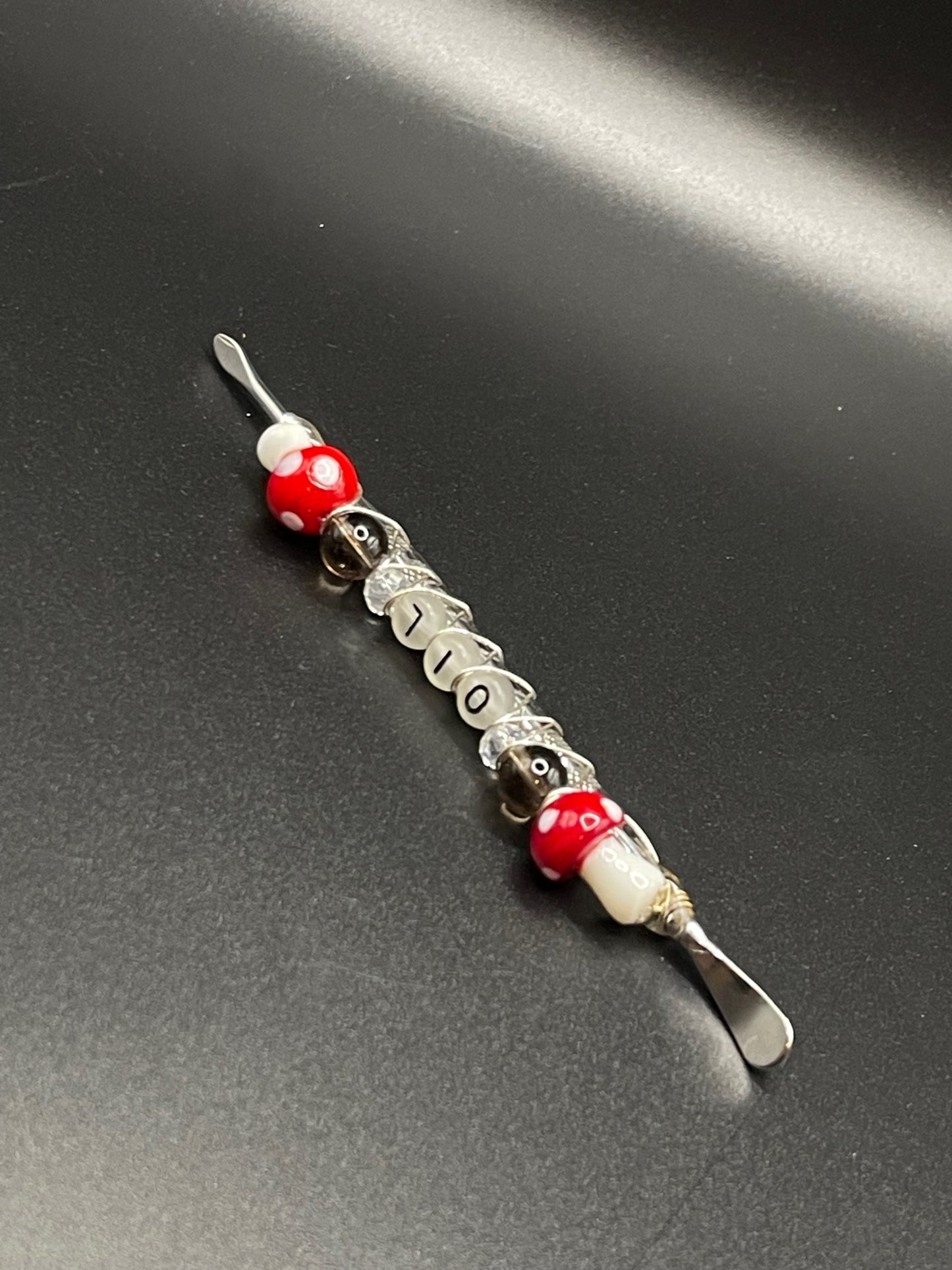 ✨ Luminous Dabbing Magic: Silver Sheen Obsidian Dab Tool with Red Mushrooms and Glow-in-the-Dark Letters ✨
