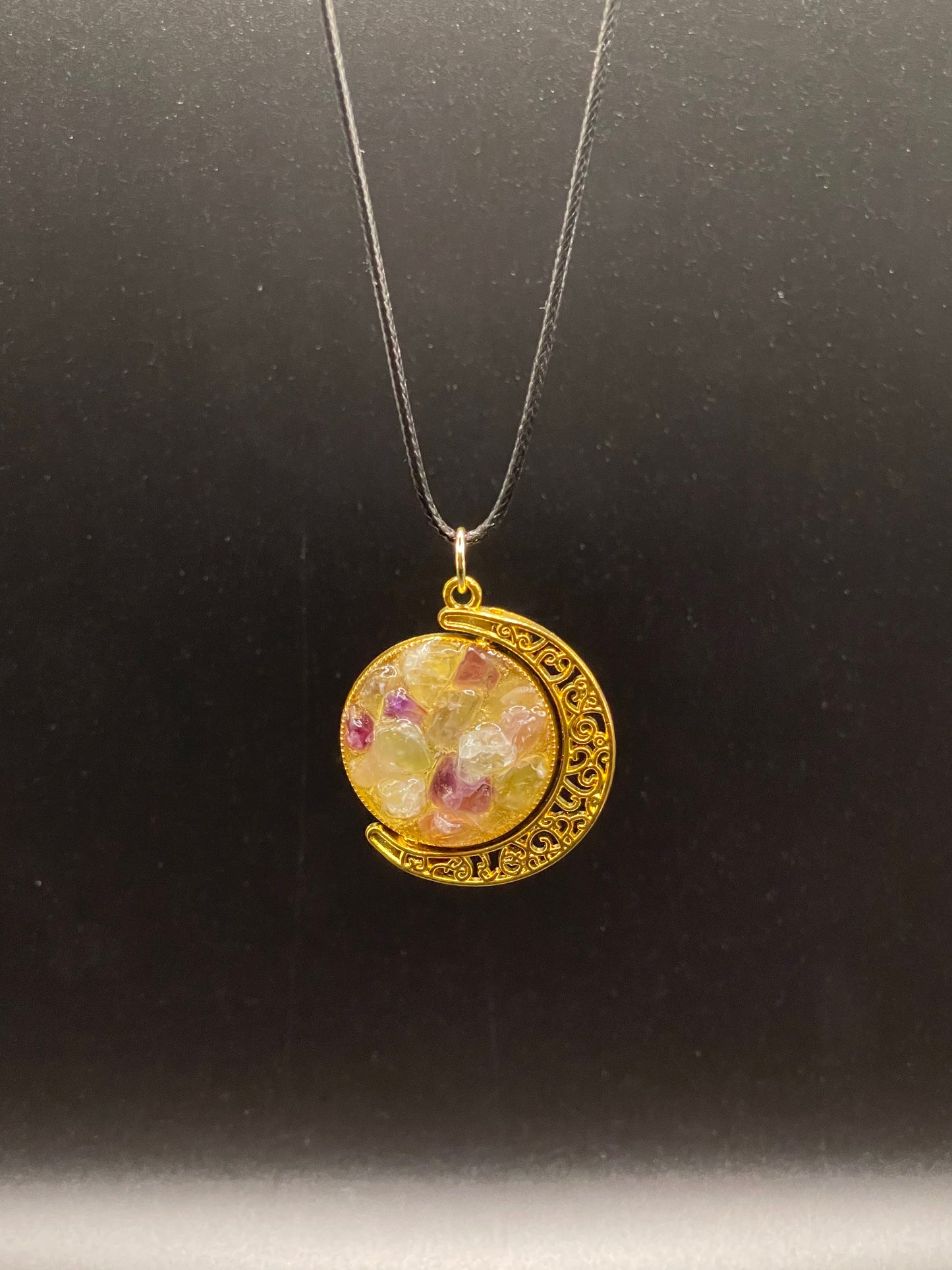 Crystal Fidget Spinner GOLD Moon Necklace, Double-Sided with Rainbow Fluorite and Amethyst
