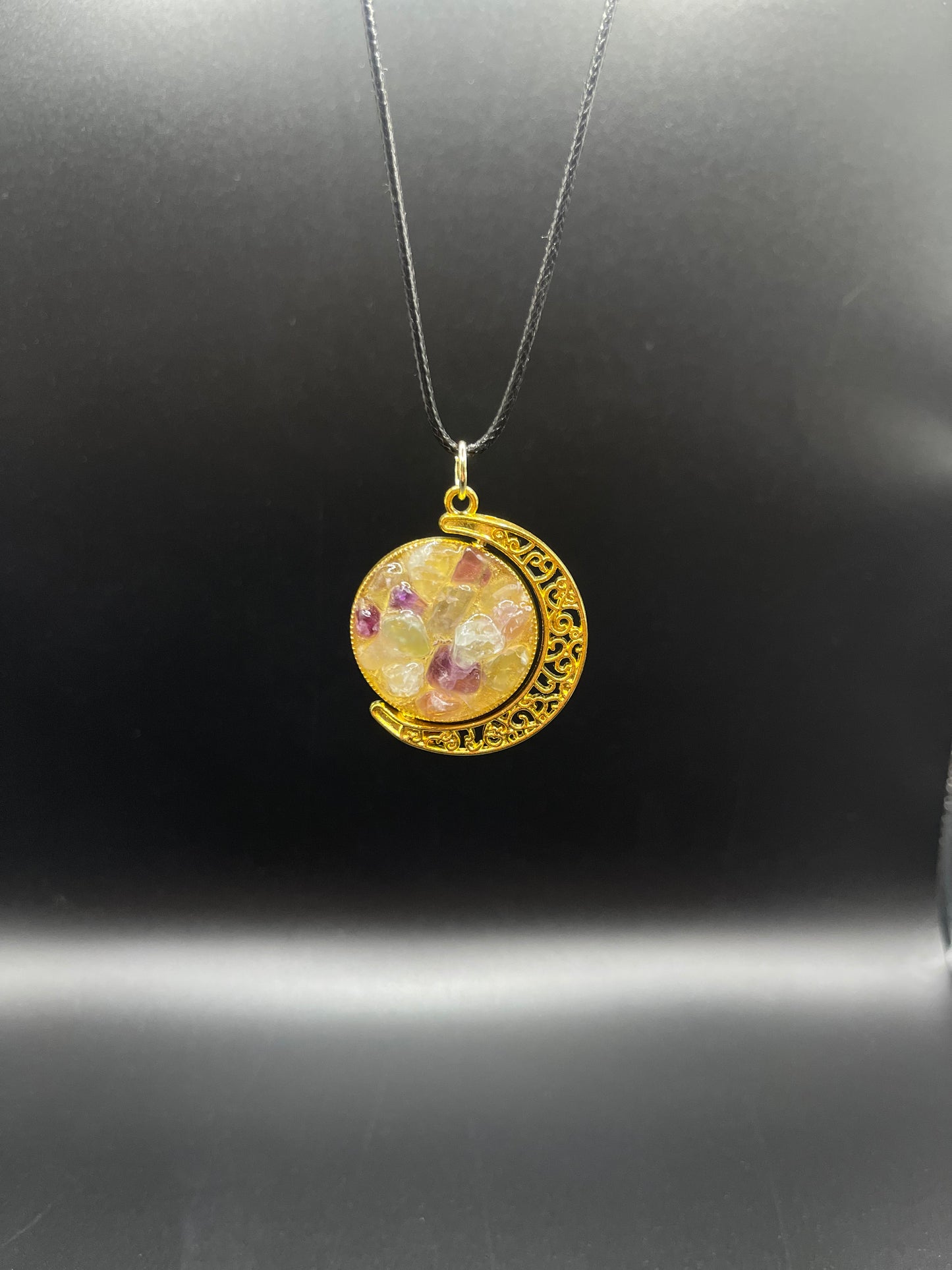 Crystal Fidget Spinner GOLD Moon Necklace, Double-Sided with Rainbow Fluorite and Amethyst