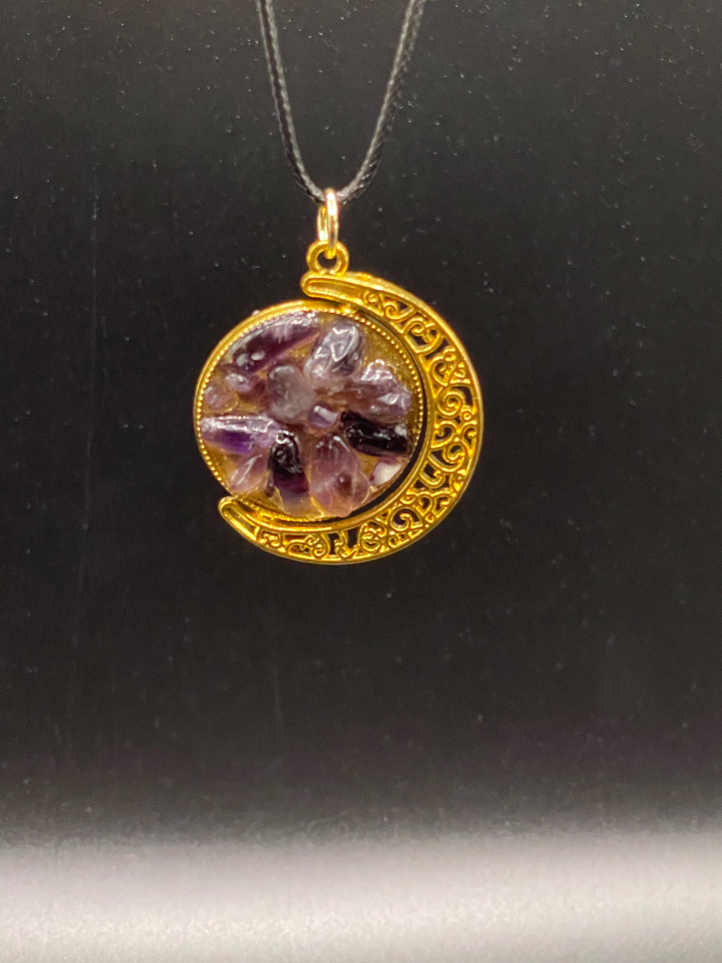 Crystal Fidget Spinner GOLD Moon Necklace, Double-Sided with Rainbow Fluorite and Amethyst