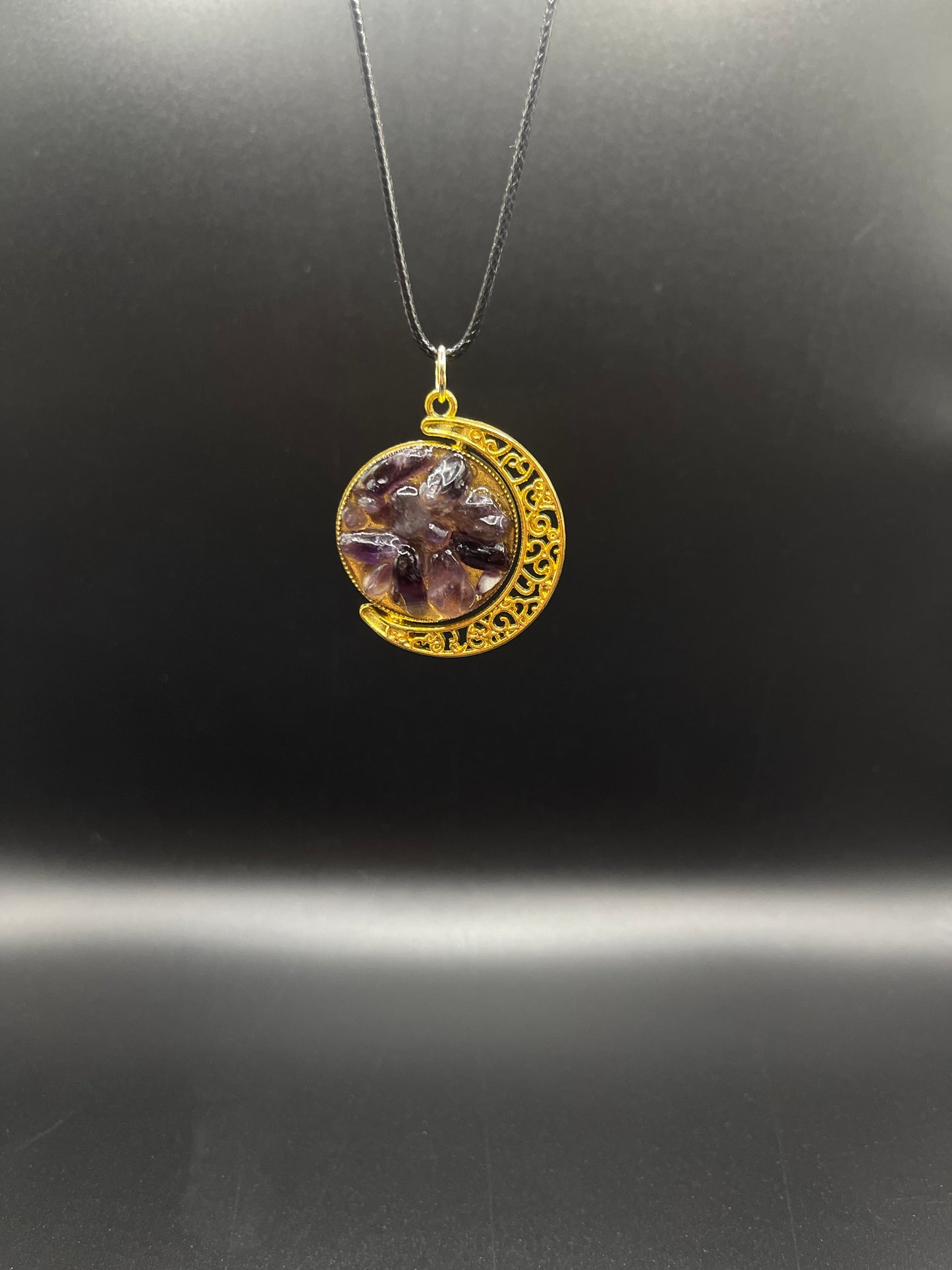 Crystal Fidget Spinner GOLD Moon Necklace, Double-Sided with Rainbow Fluorite and Amethyst