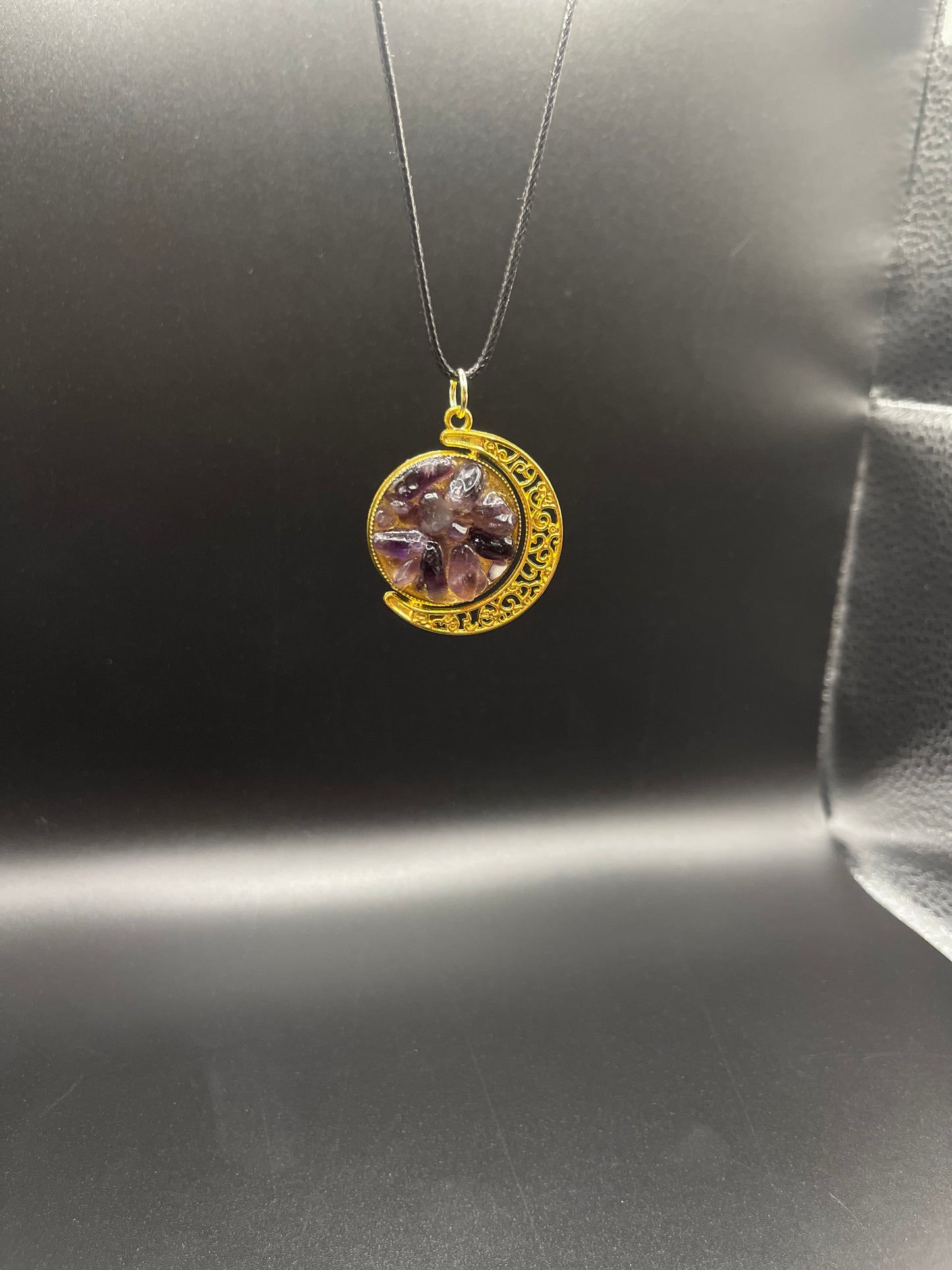 Crystal Fidget Spinner GOLD Moon Necklace, Double-Sided with Rainbow Fluorite and Amethyst