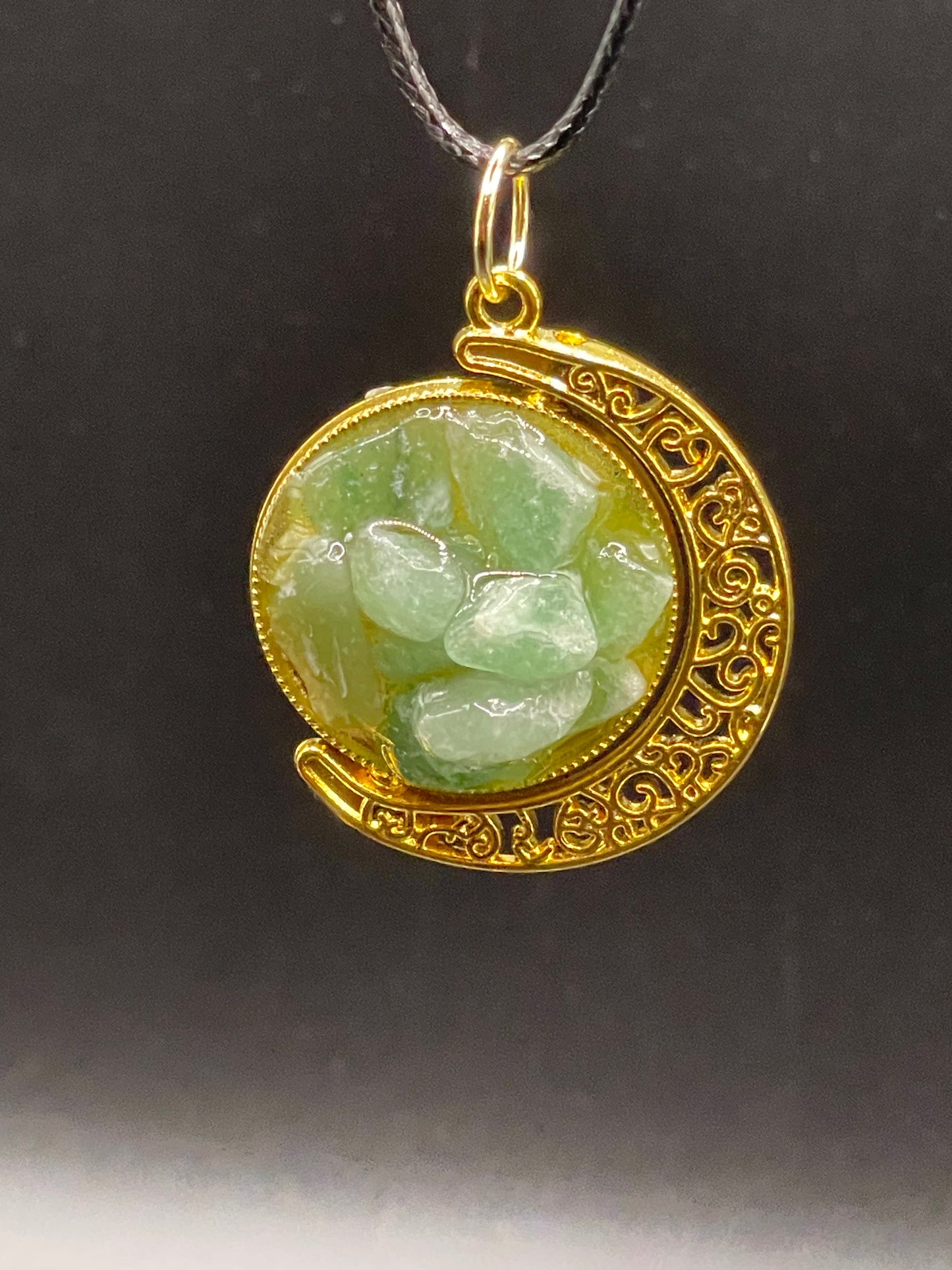 Crystal Fidget Spinner GOLD Moon Necklace, Double-Sided with Rainbow Fluorite and Green Aventurine