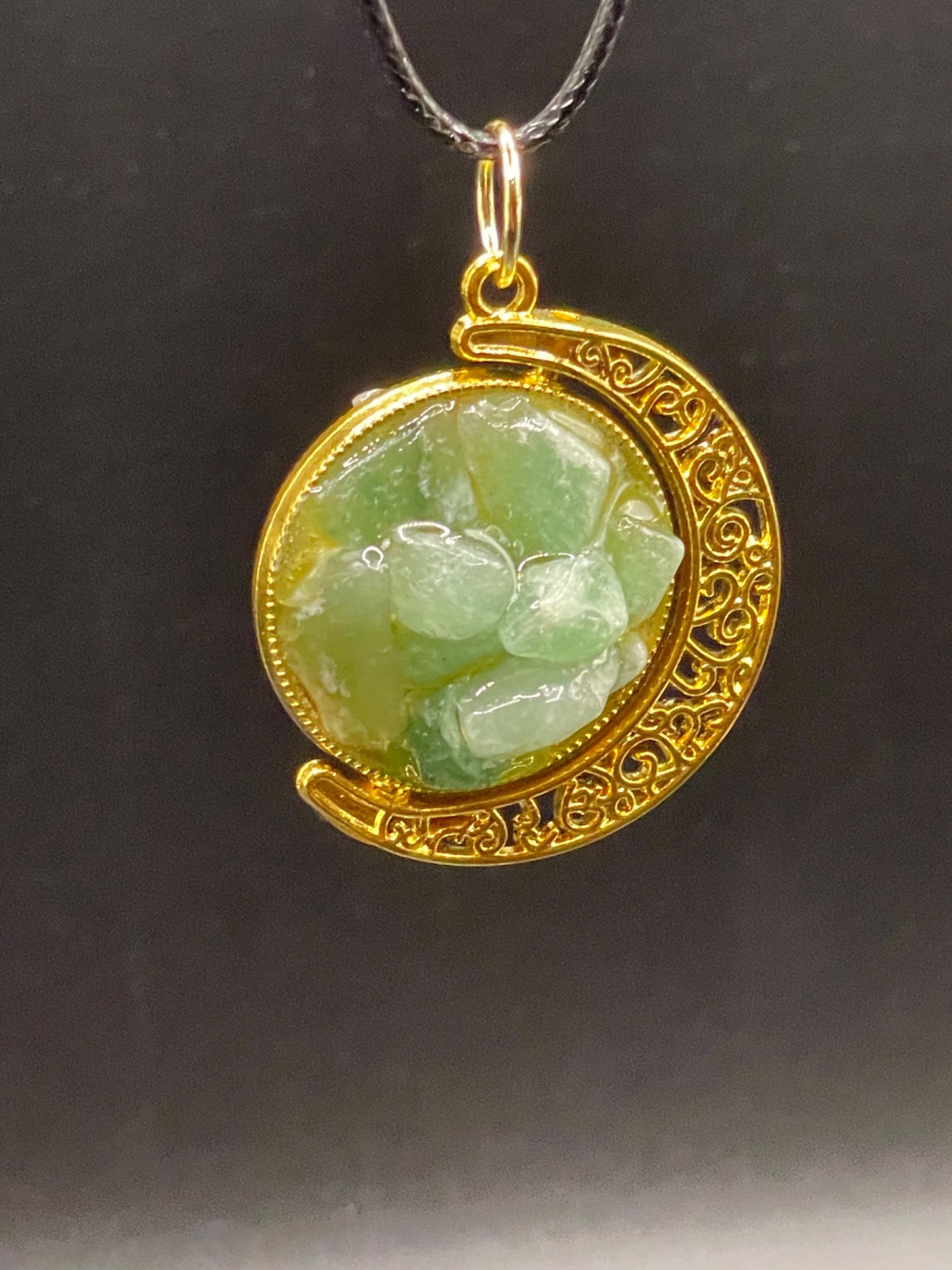 Crystal Fidget Spinner GOLD Moon Necklace, Double-Sided with Rainbow Fluorite and Green Aventurine