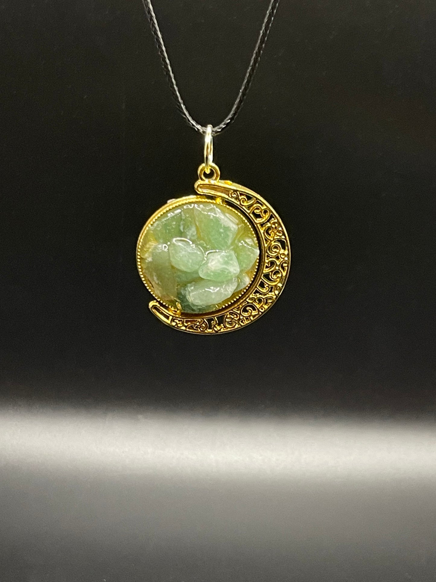 Crystal Fidget Spinner GOLD Moon Necklace, Double-Sided with Rainbow Fluorite and Green Aventurine