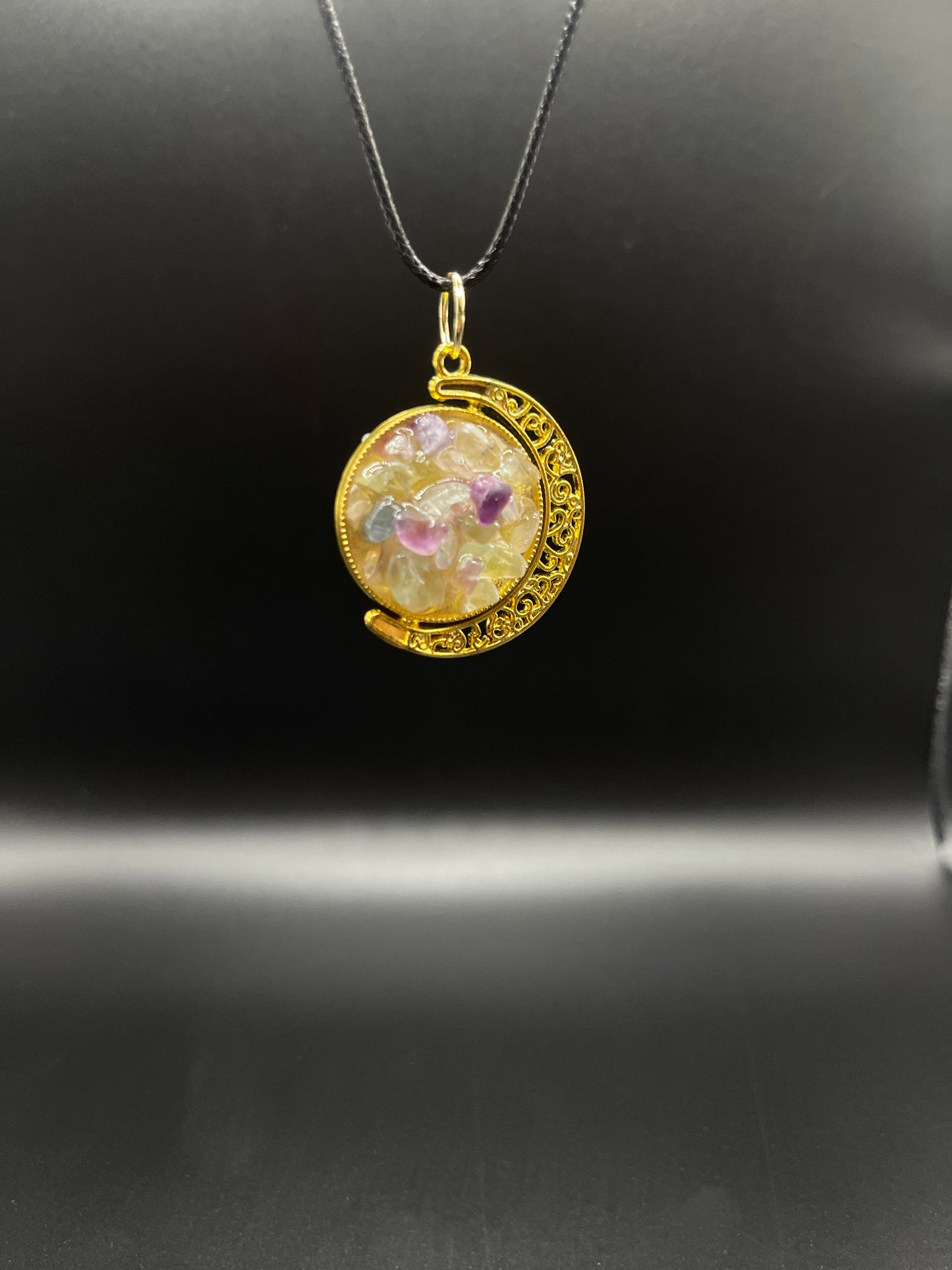 Crystal Fidget Spinner GOLD Moon Necklace, Double-Sided with Rainbow Fluorite and Green Aventurine