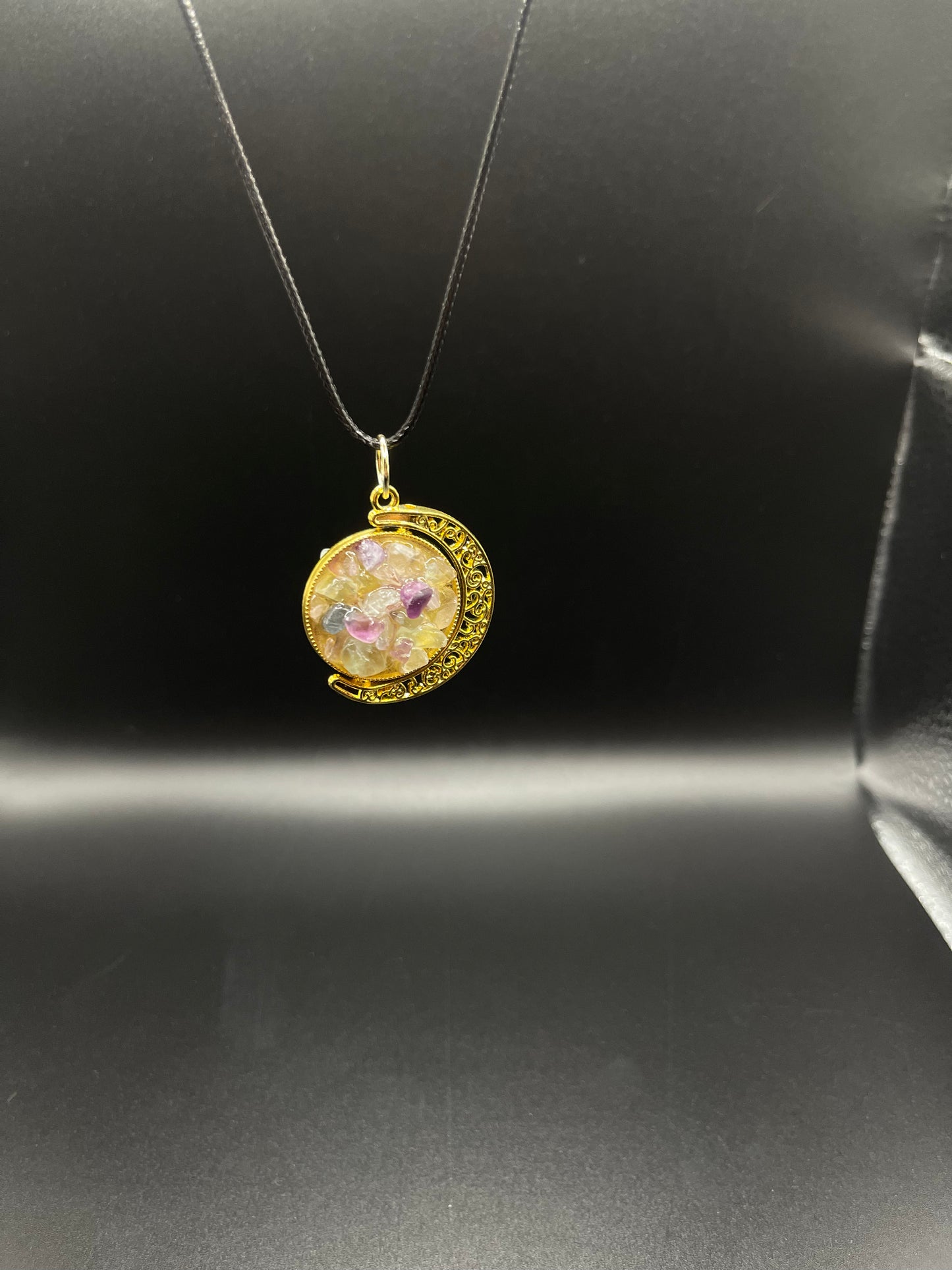 Crystal Fidget Spinner GOLD Moon Necklace, Double-Sided with Rainbow Fluorite and Green Aventurine