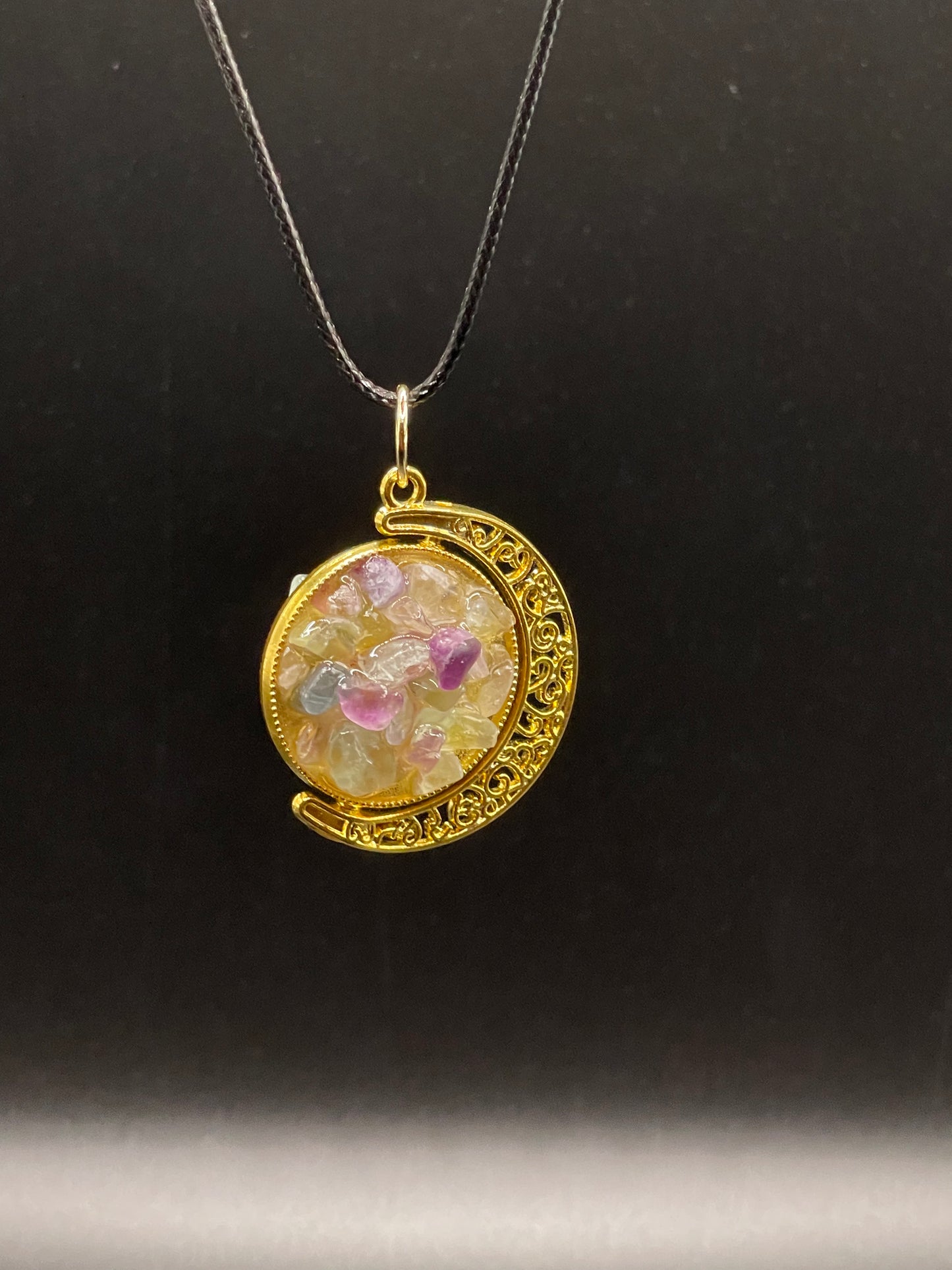 Crystal Fidget Spinner GOLD Moon Necklace, Double-Sided with Rainbow Fluorite and Green Aventurine