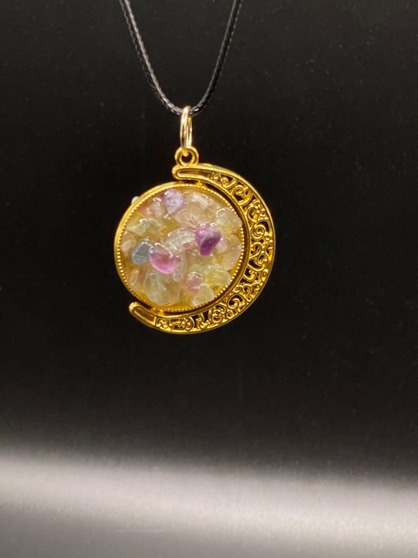 Crystal Fidget Spinner GOLD Moon Necklace, Double-Sided with Rainbow Fluorite and Green Aventurine