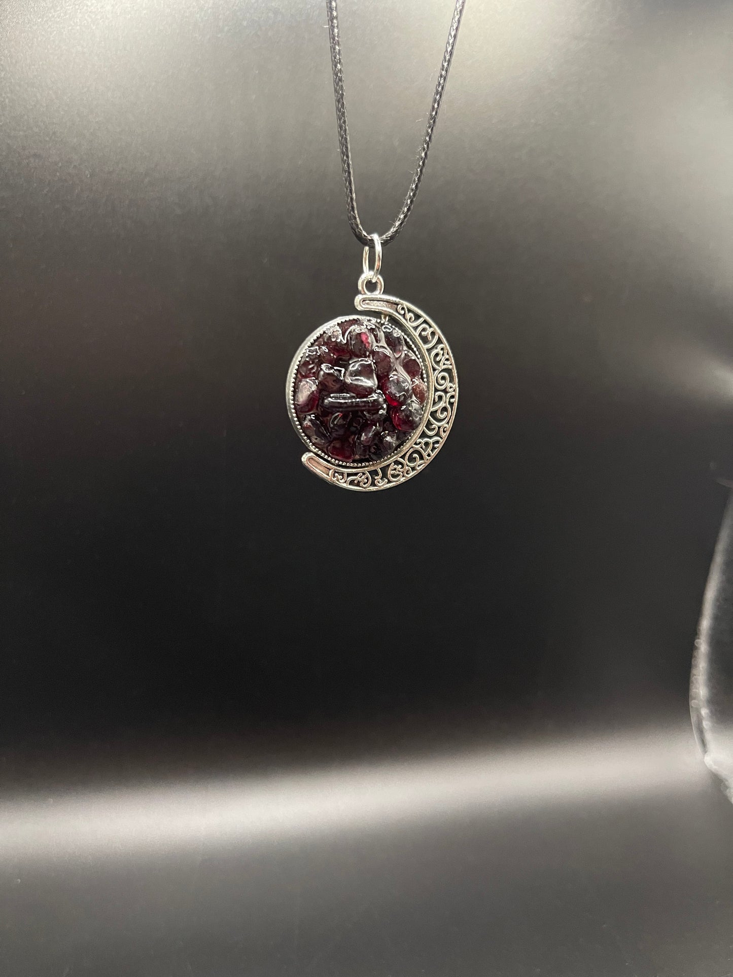 Crystal Fidget Spinner SILVER Moon Necklace, Double-Sided with Garnet and Rainbow Fluorite
