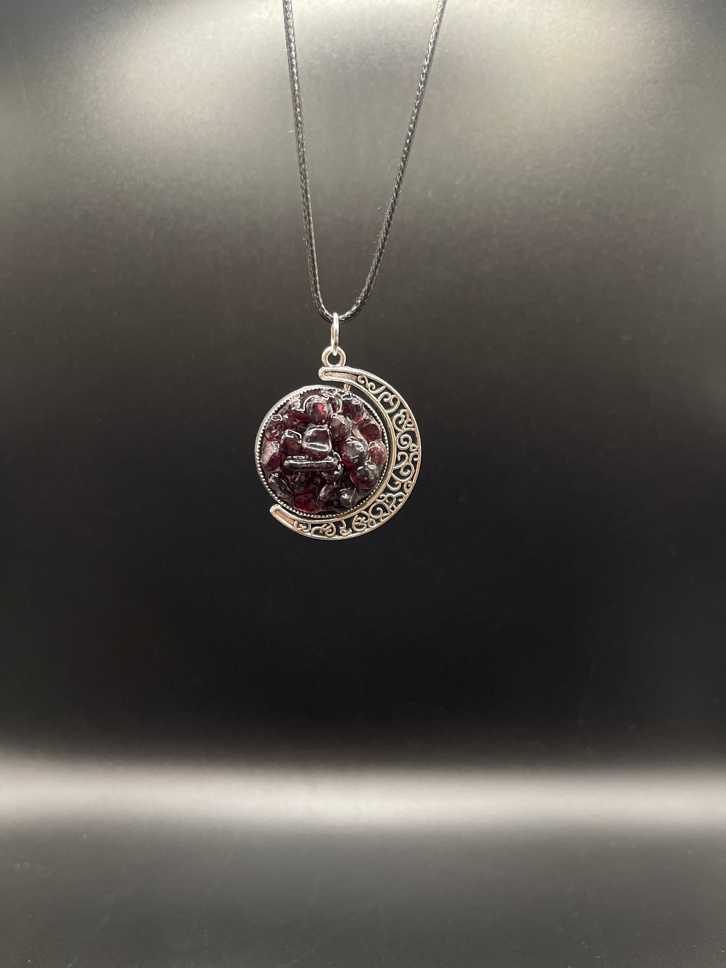 Crystal Fidget Spinner SILVER Moon Necklace, Double-Sided with Garnet and Rainbow Fluorite