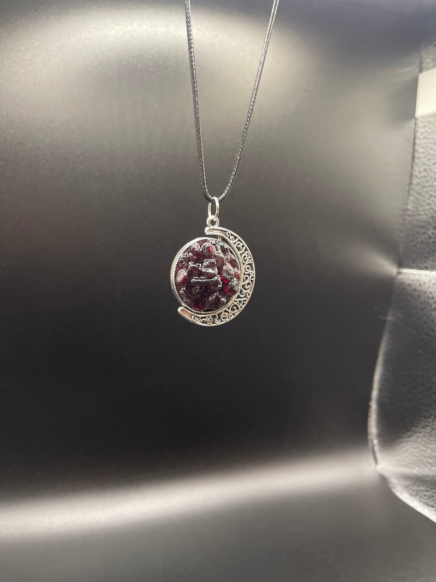 Crystal Fidget Spinner SILVER Moon Necklace, Double-Sided with Garnet and Rainbow Fluorite