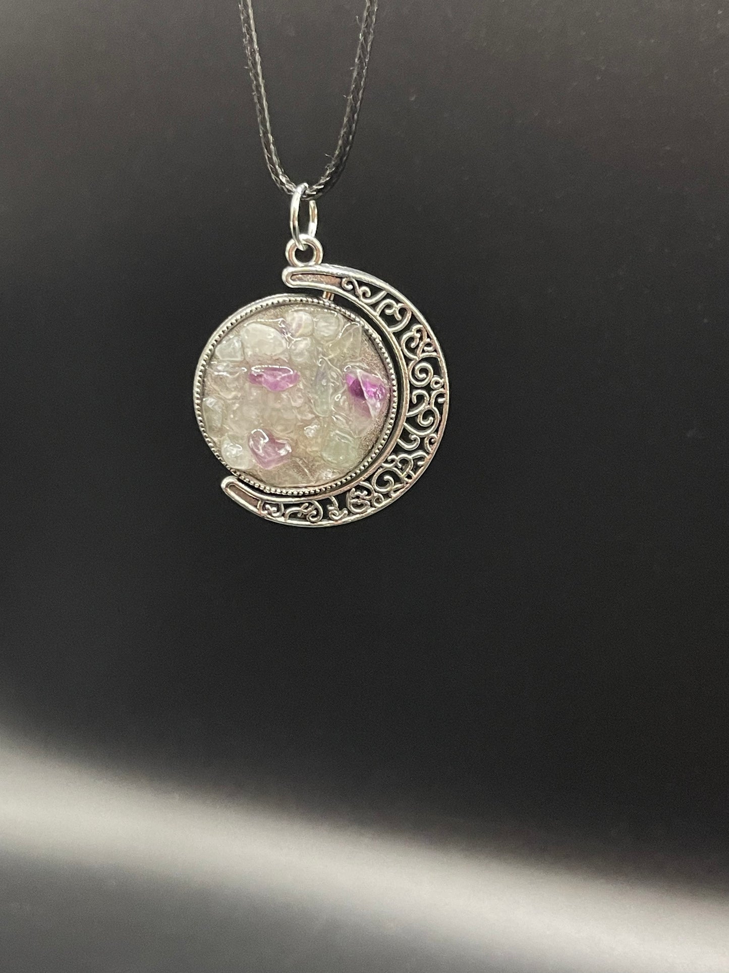 Crystal Fidget Spinner SILVER Moon Necklace, Double-Sided with Garnet and Rainbow Fluorite