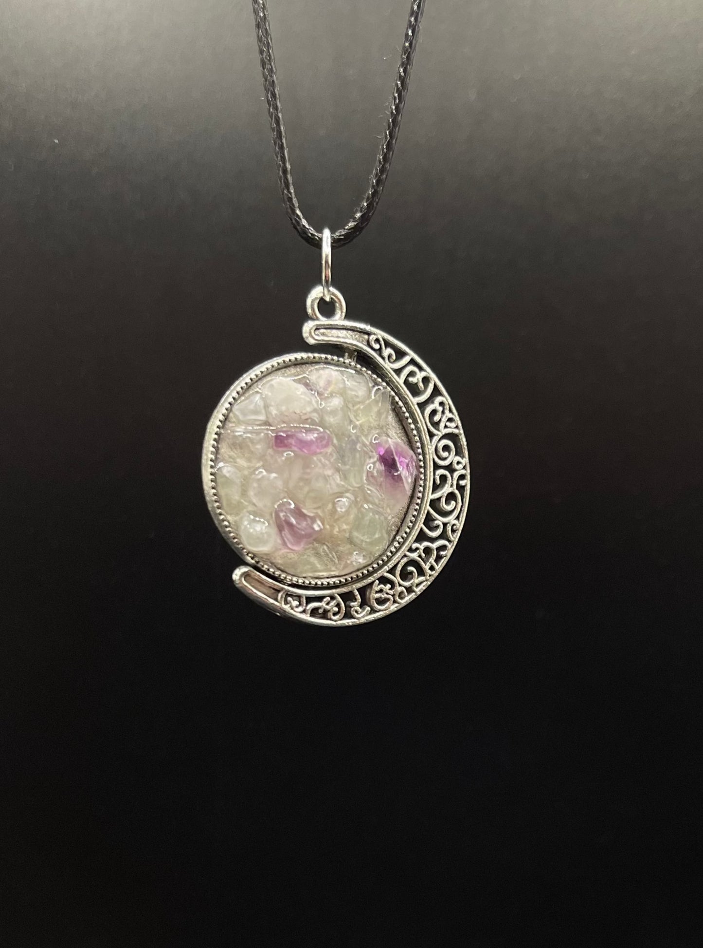 Crystal Fidget Spinner SILVER Moon Necklace, Double-Sided with Garnet and Rainbow Fluorite