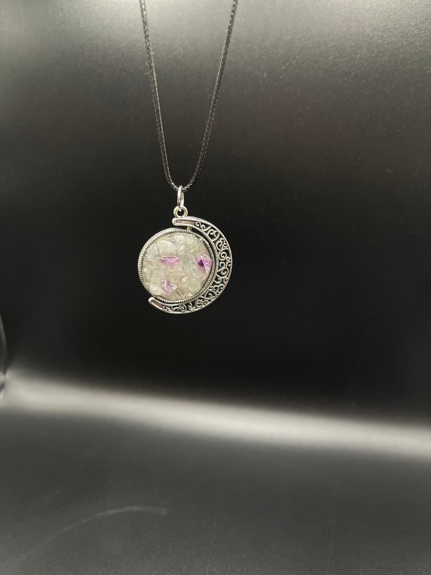 Crystal Fidget Spinner SILVER Moon Necklace, Double-Sided with Garnet and Rainbow Fluorite