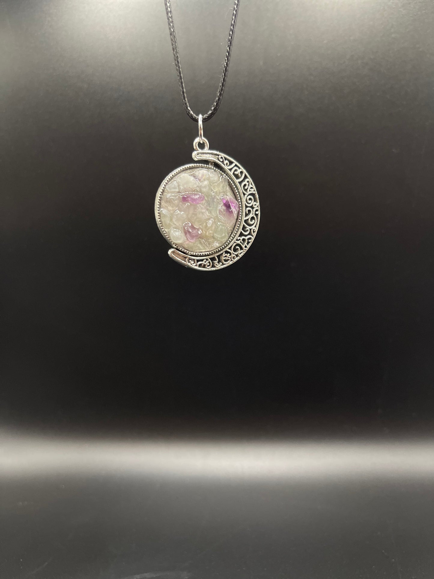 Crystal Fidget Spinner SILVER Moon Necklace, Double-Sided with Garnet and Rainbow Fluorite
