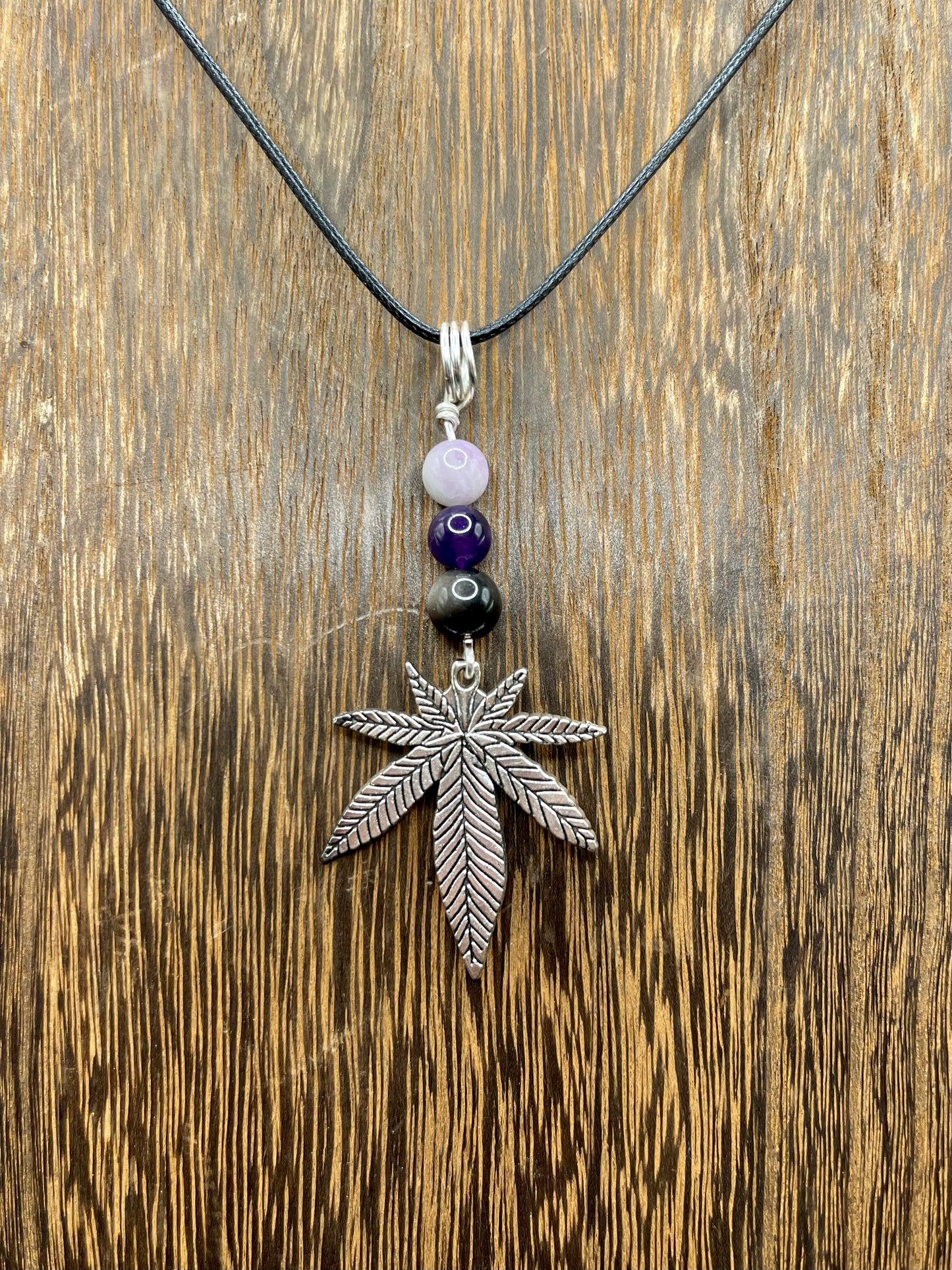 ✨ Nature’s Harmony: Kunzite, Amethyst and Silver Sheen Obsidian Crystal Necklace with Marijuana Leaf Charm ✨