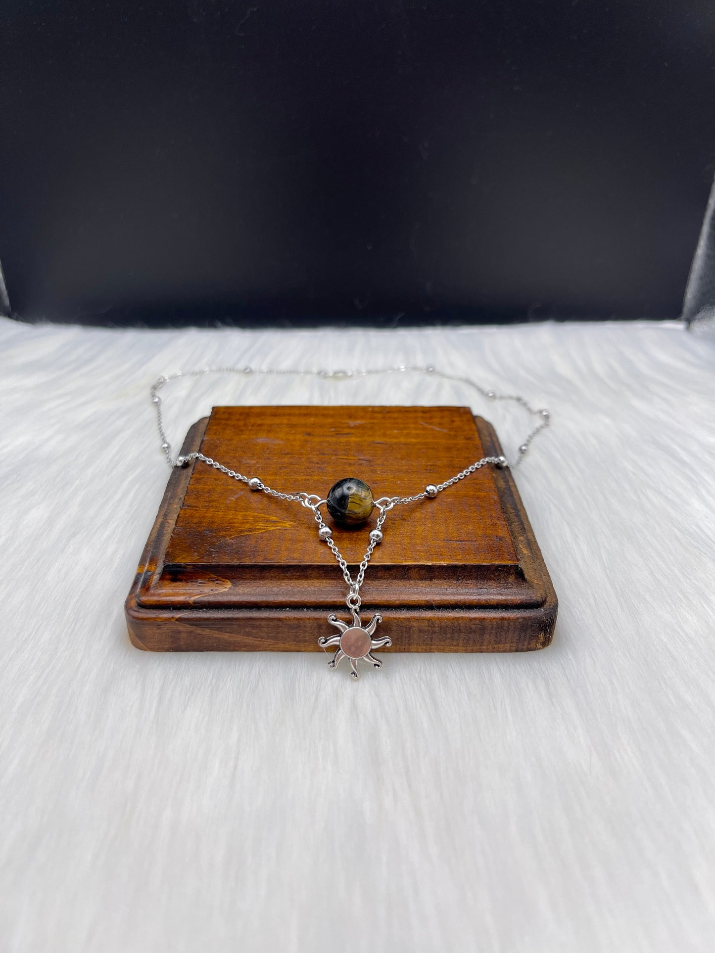 Elegant Handcrafted Tigers Eye Necklace with Sun / Solar Charm on a Stainless Steel Chain