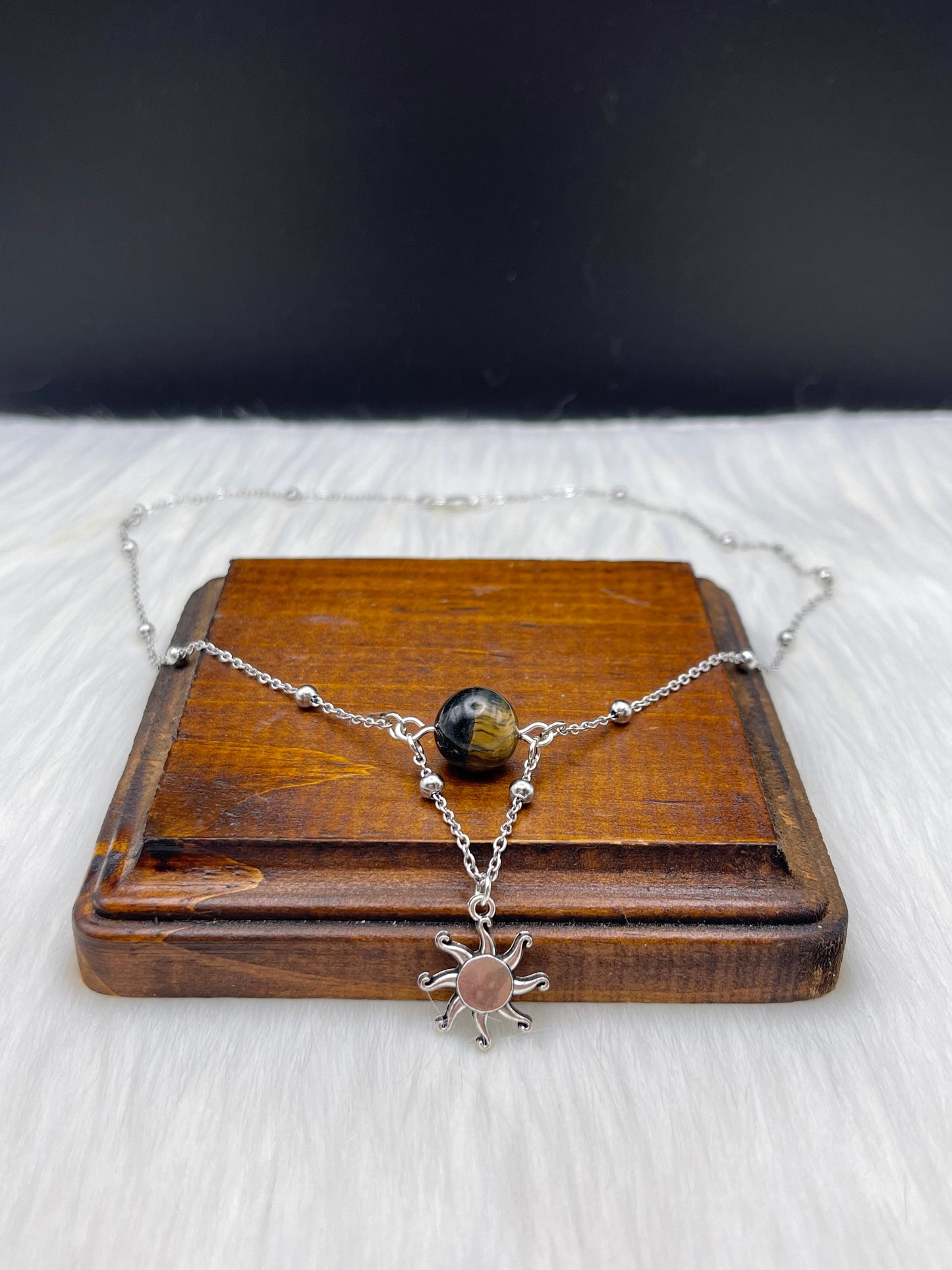Elegant Handcrafted Tigers Eye Necklace with Sun / Solar Charm on a Stainless Steel Chain