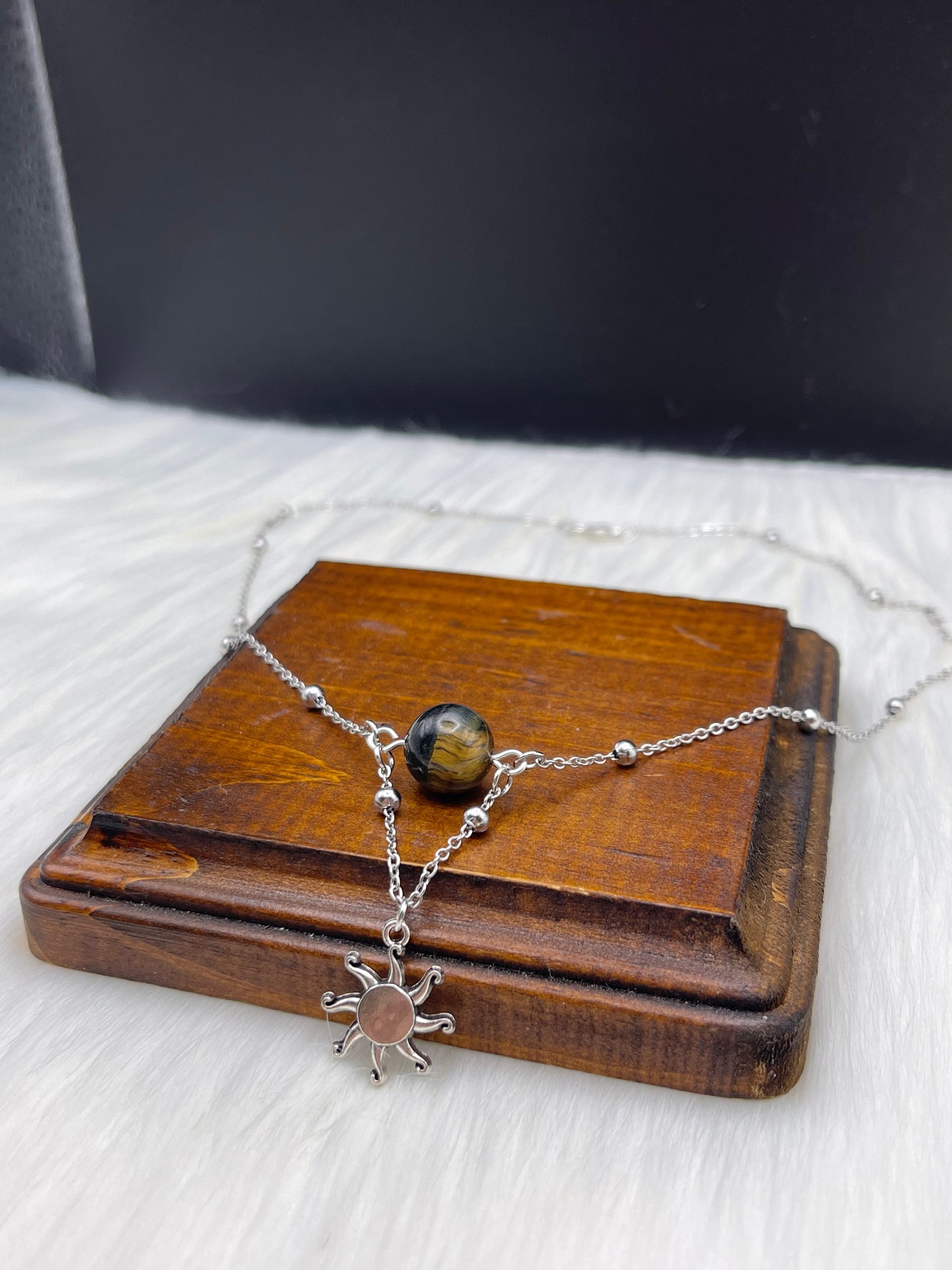 Elegant Handcrafted Tigers Eye Necklace with Sun / Solar Charm on a Stainless Steel Chain
