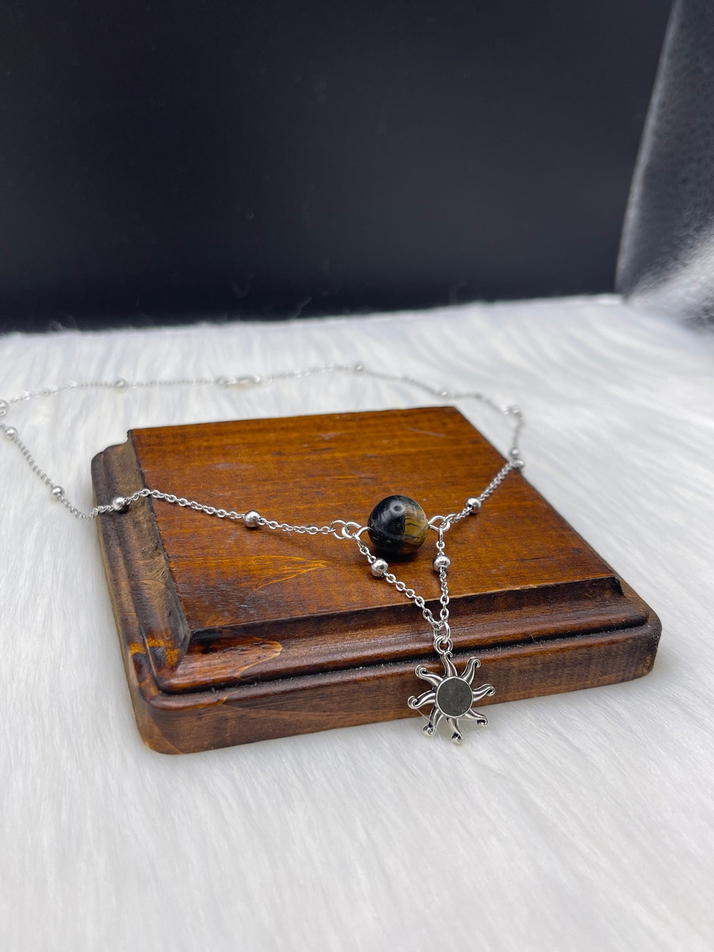 Elegant Handcrafted Tigers Eye Necklace with Sun / Solar Charm on a Stainless Steel Chain
