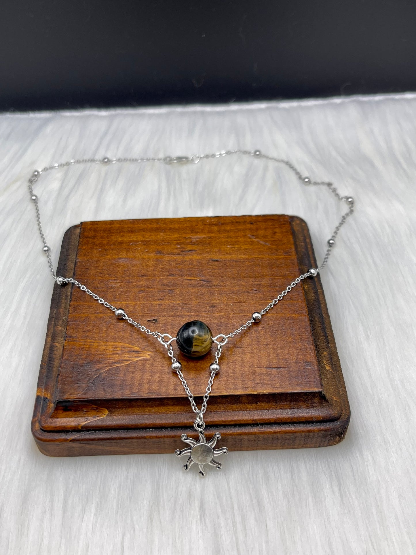Elegant Handcrafted Tigers Eye Necklace with Sun / Solar Charm on a Stainless Steel Chain